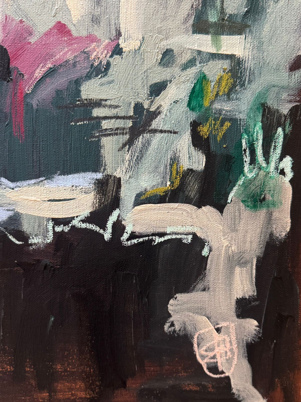 An abstract painting with textured, layered brushstrokes of dark brown, black, grey, magenta, and touches of green.