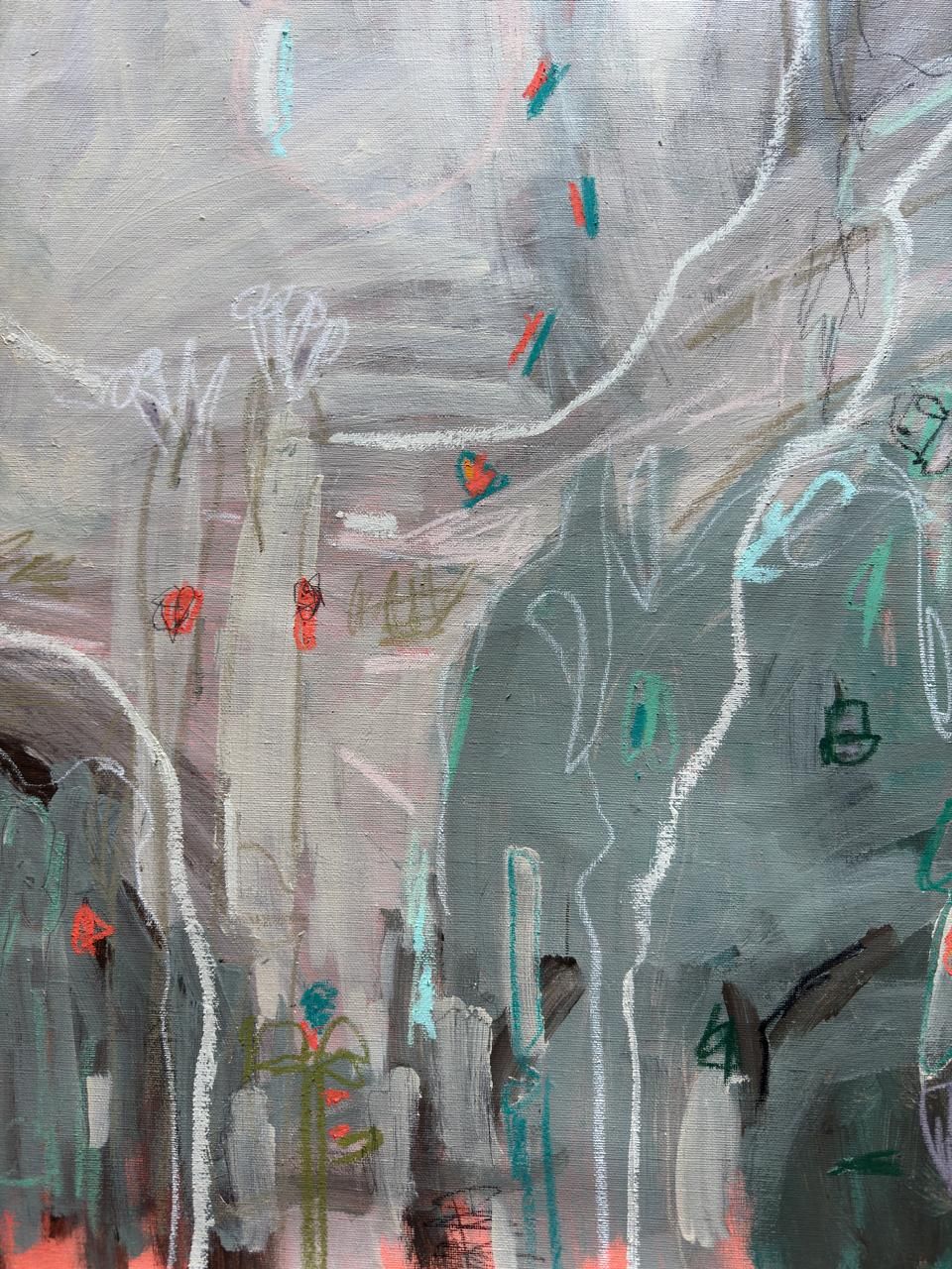 Abstract painting with gray tones, vertical white lines, and small orange and teal accents in a fluid, layered style.