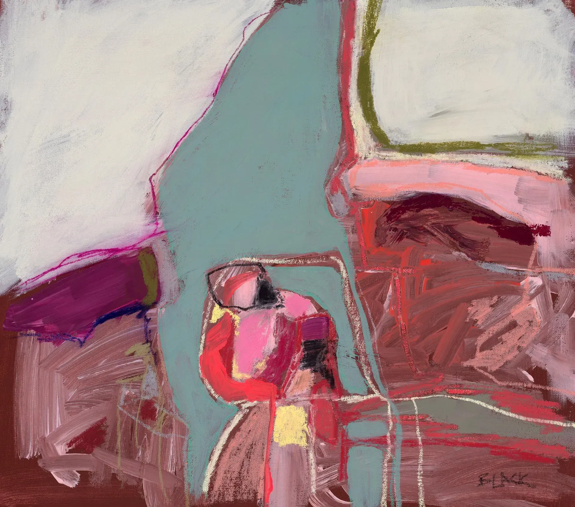 Abstract painting featuring a large teal shape against a cream background, with layered pink, red, and maroon brushwork.