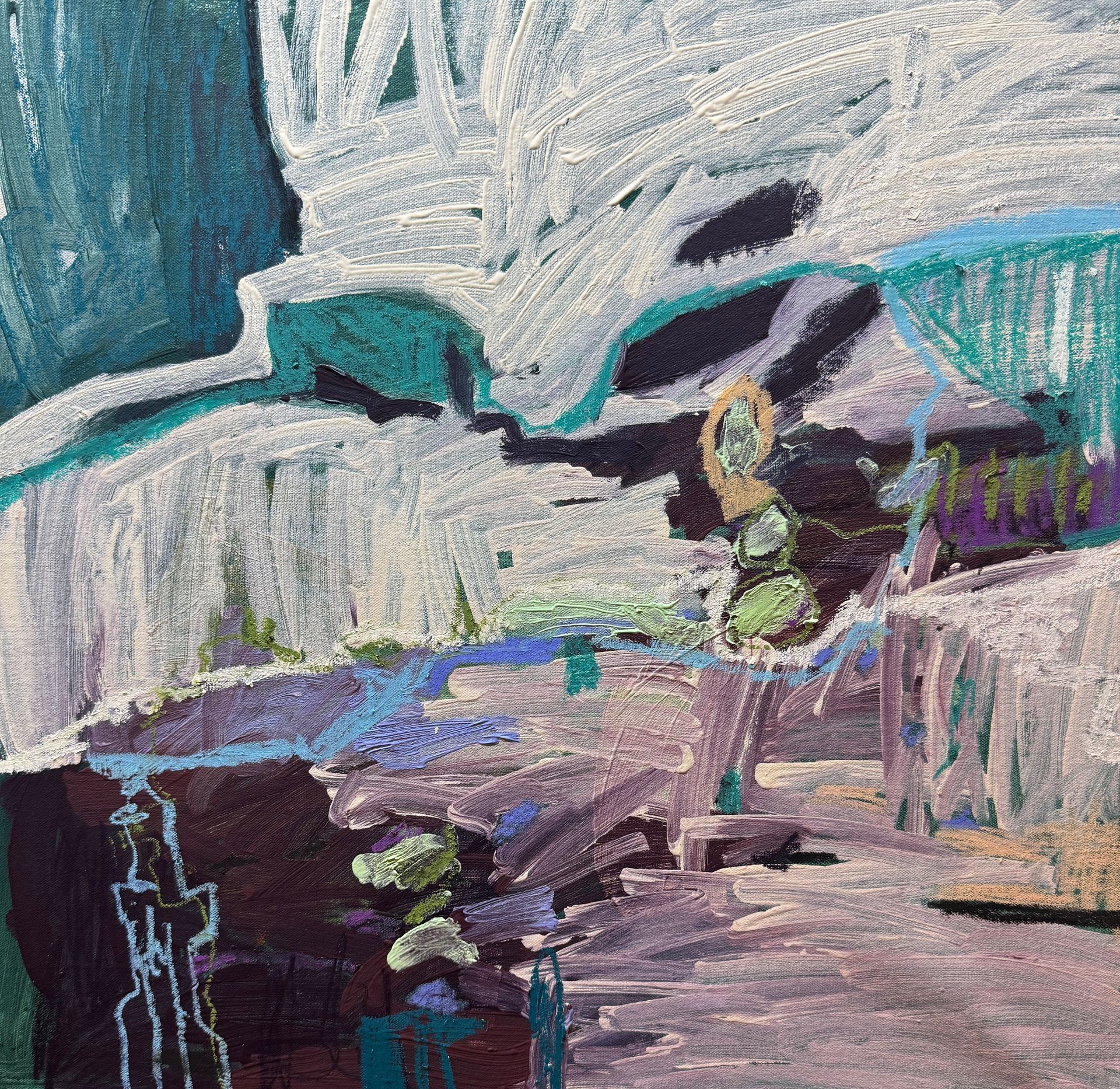 An abstract painting featuring textured white brushstrokes over deep teal, purple, and brown, with loose, colorful shapes.