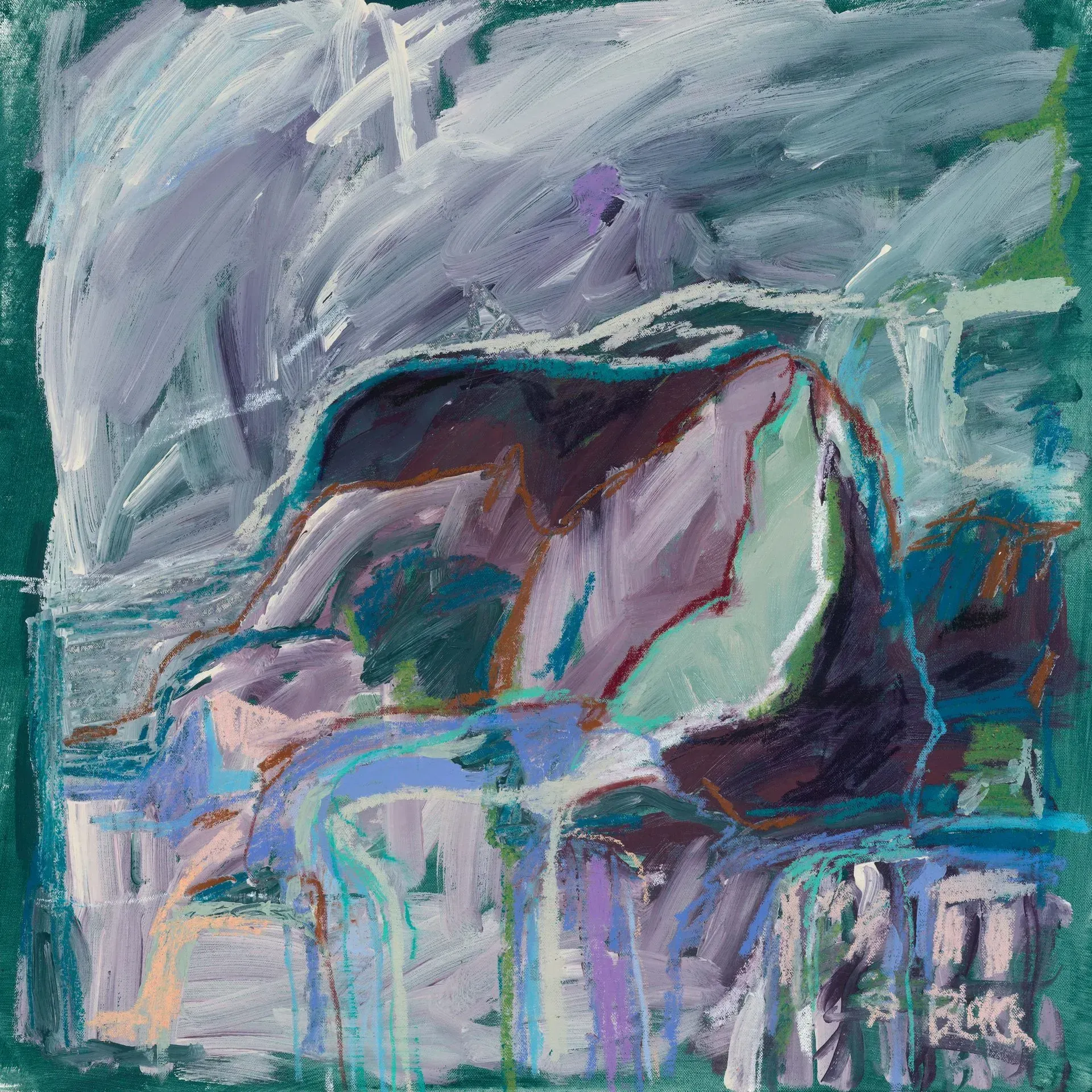 An expressionistic oil painting of a figure curled in a fetal position, rendered in shades of purple, blue, and green.