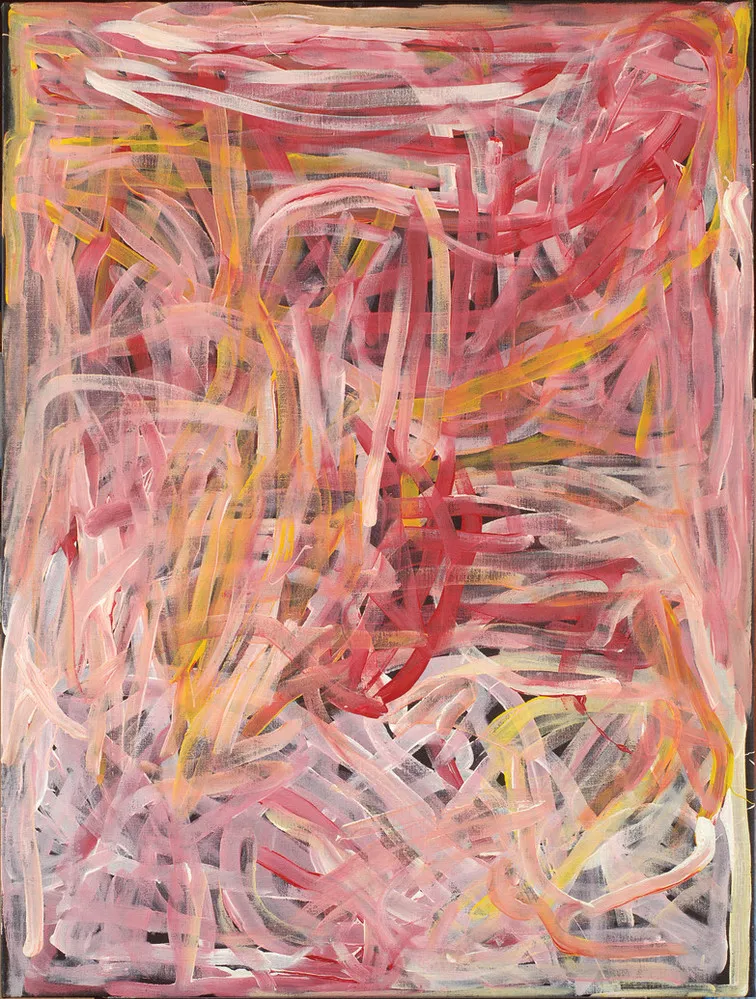 Abstract painting with layered, intersecting brushstrokes in shades of pink, red, white, and yellow against a dark ground.