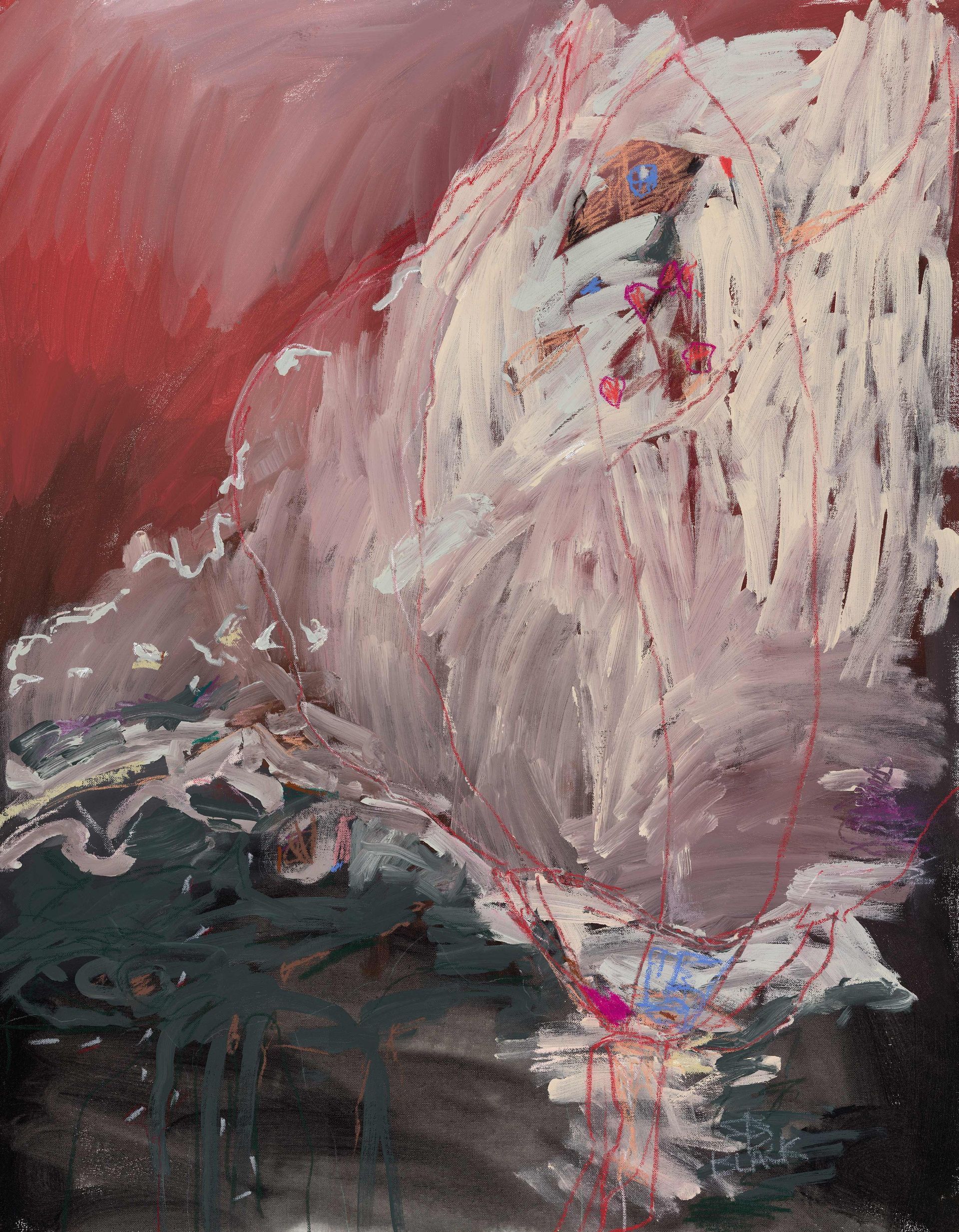 An abstract painting featuring thick, textured white brushstrokes over a deep red and dark gray background with red drips.