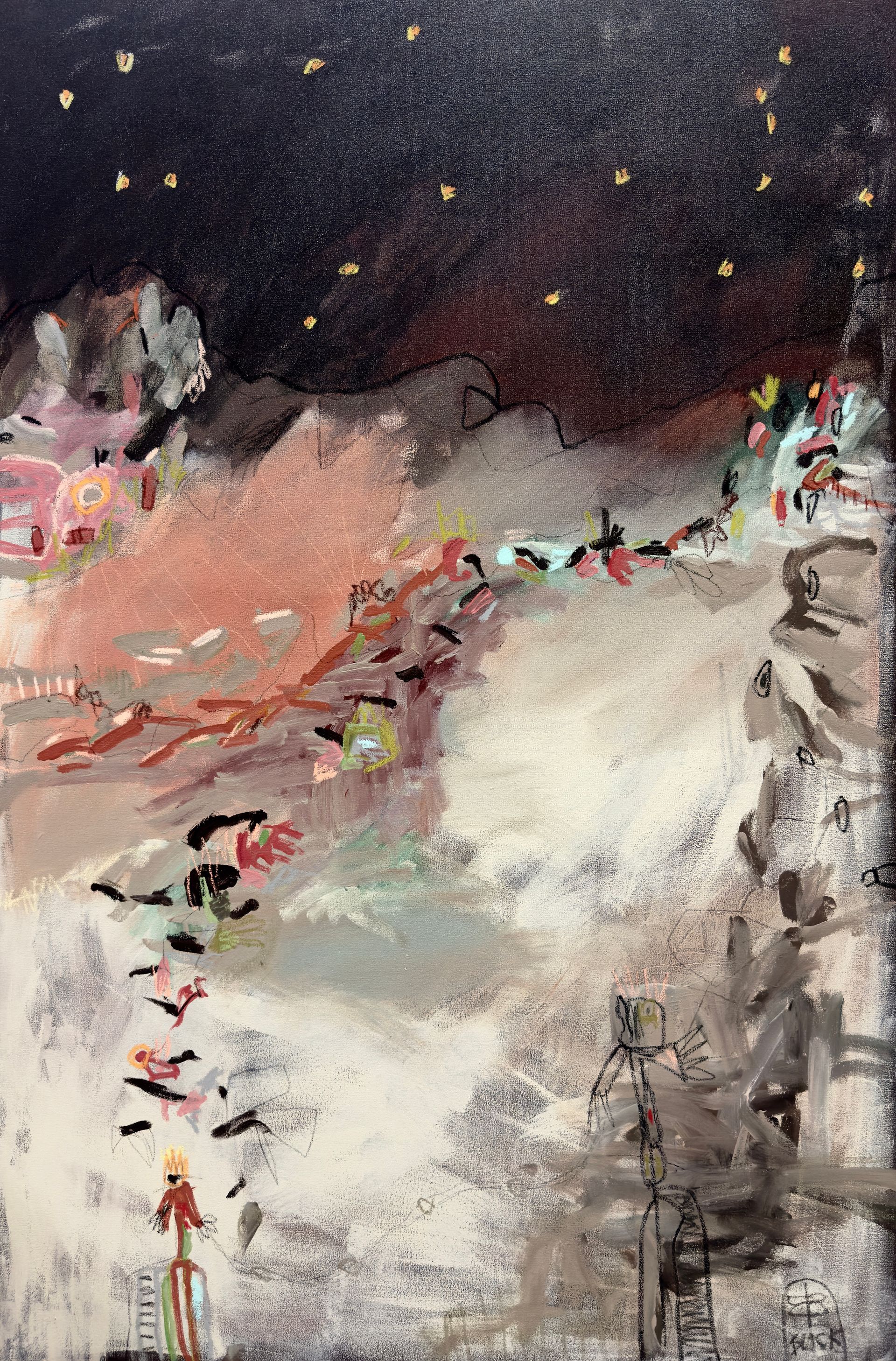 Abstract painting with dark starry sky, pale clouds, and soft pink, gray, and white brushstrokes