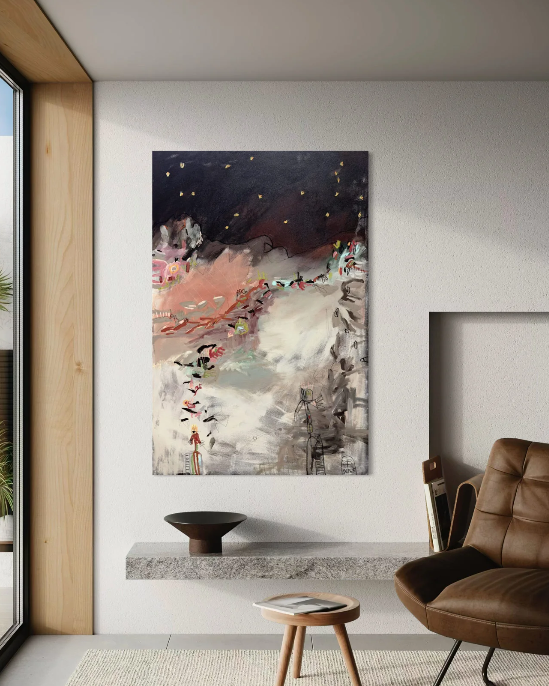 Abstract painting with dark starry sky, pale clouds, and soft pink, gray, and white brushstrokes