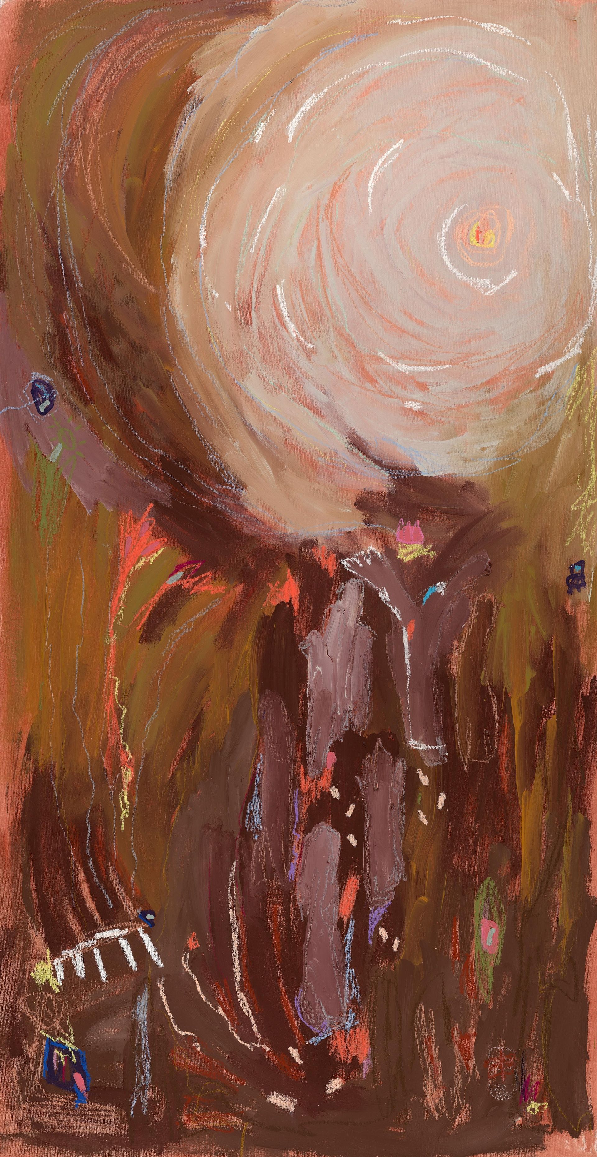 An abstract oil painting with a swirling light-colored orb above vertical, textured brushstrokes of brown and plum.