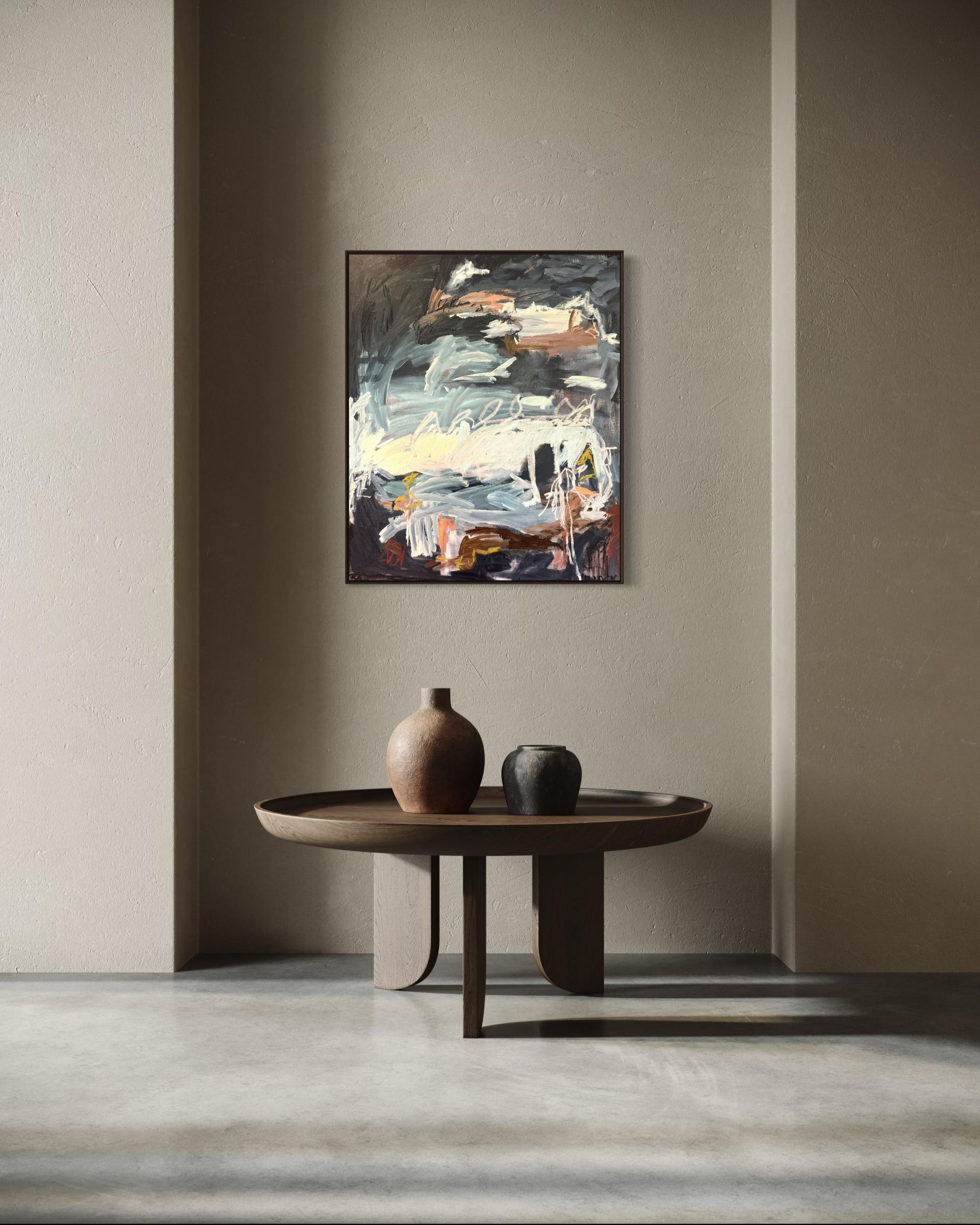 Abstract mixed media painting in dark grey, teal and terracotta with sweeping gestural brushwork and small figurative marks by Bianca Black