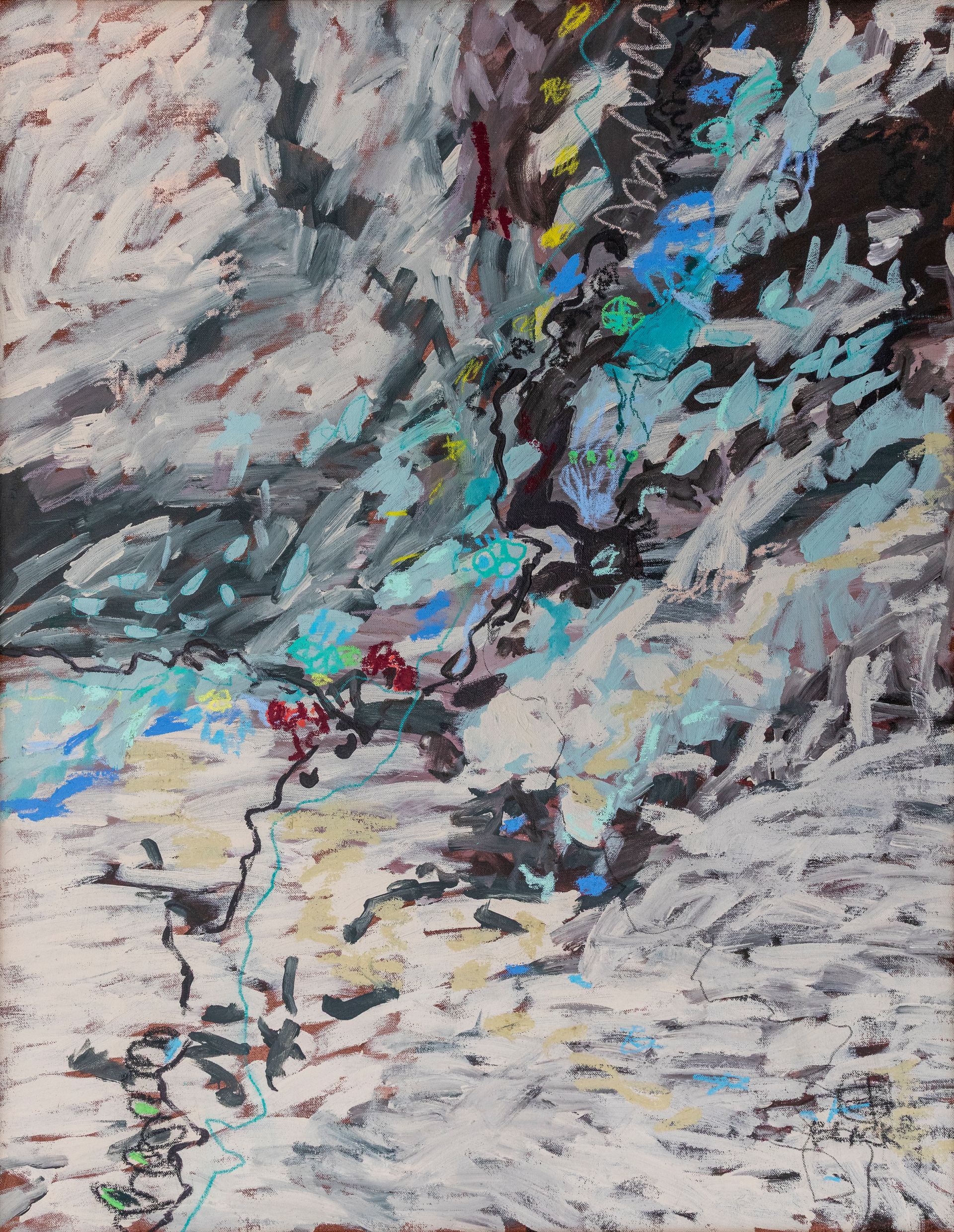 Impressionist oil painting of a rugged, snowy mountain landscape with deep crevasses and scattered colorful highlights.