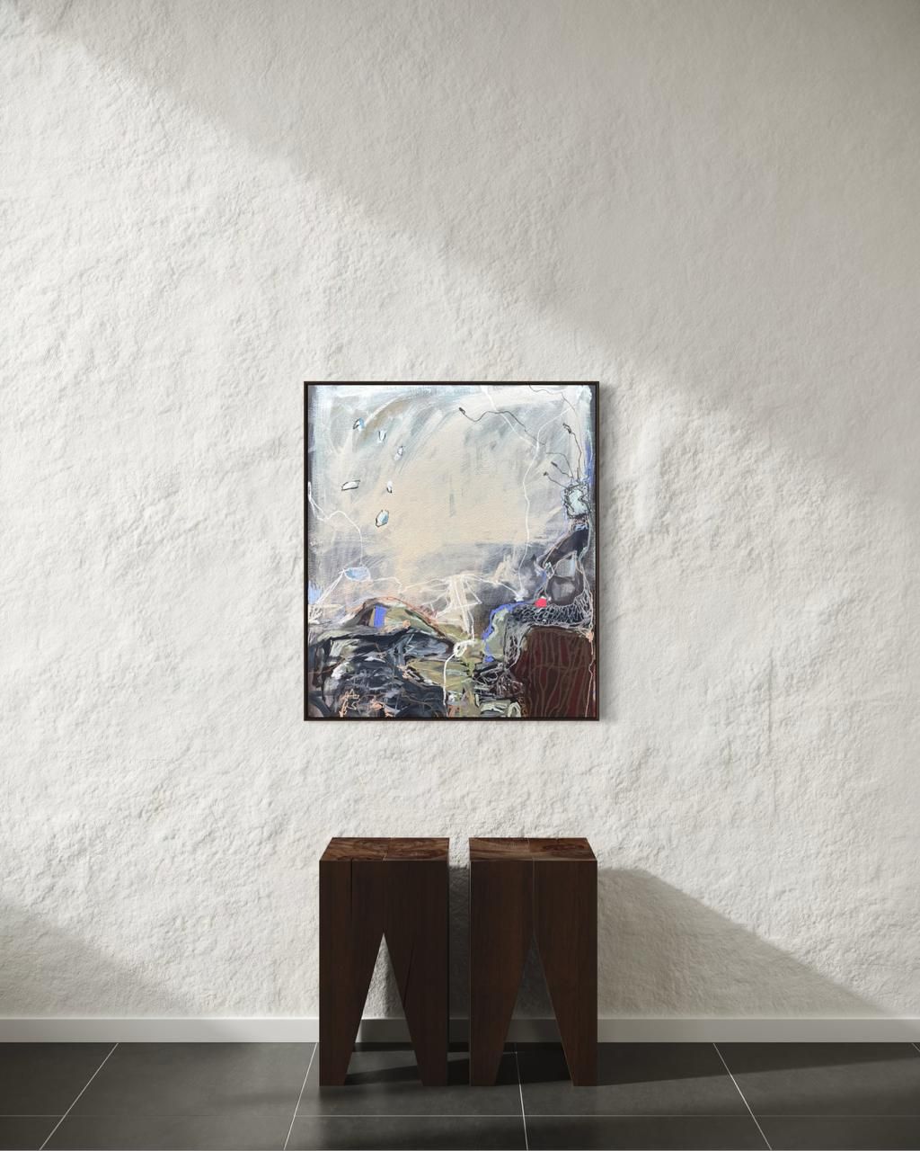 Abstract mixed media painting in soft grey and cream with scattered blue marks, white chalk lines and dark layered forms by South African artist Bianca Black