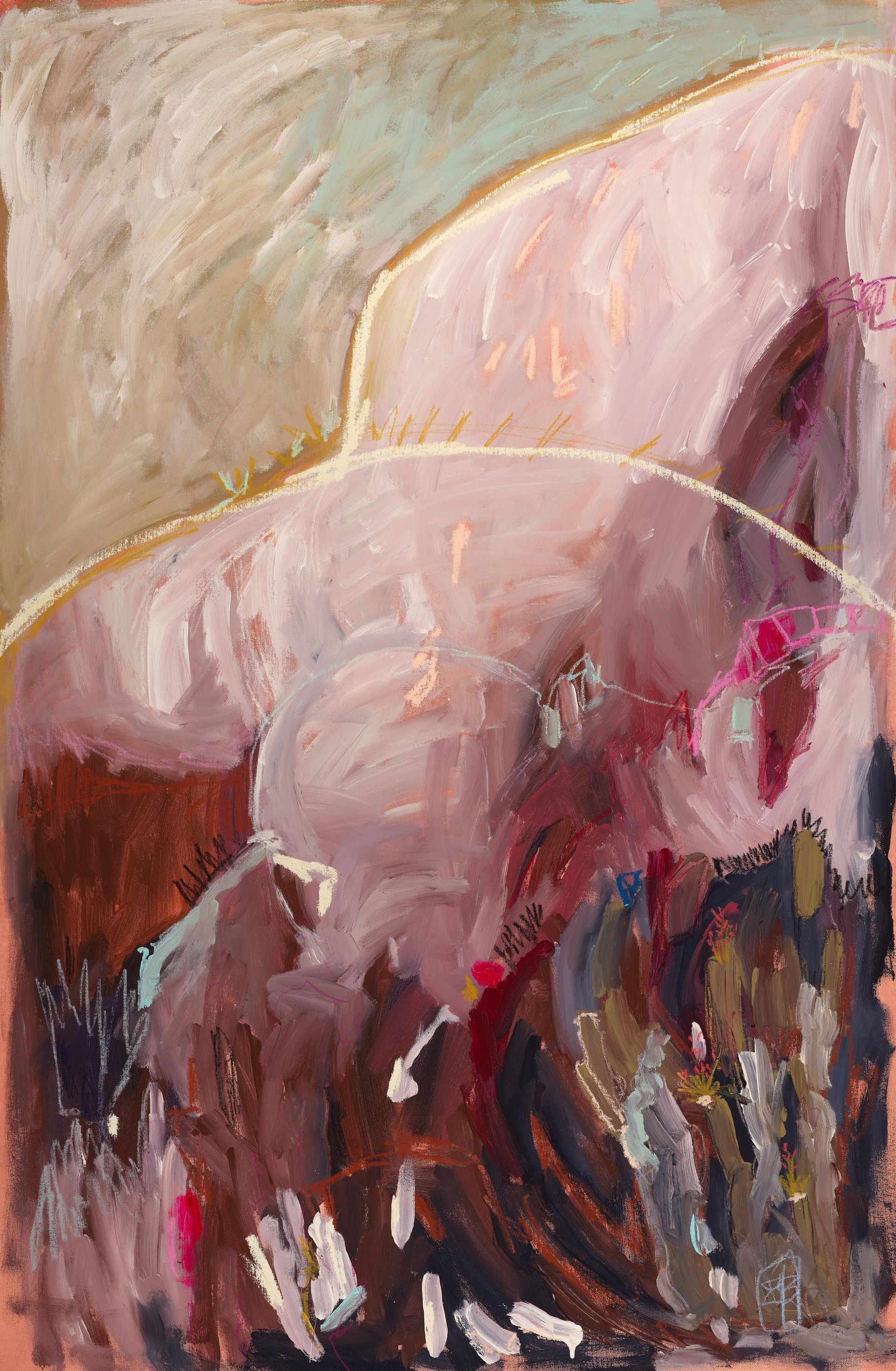 Abstract painting with thick, textured brushstrokes in shades of mauve, brown, and gray, accented by a white curved line.