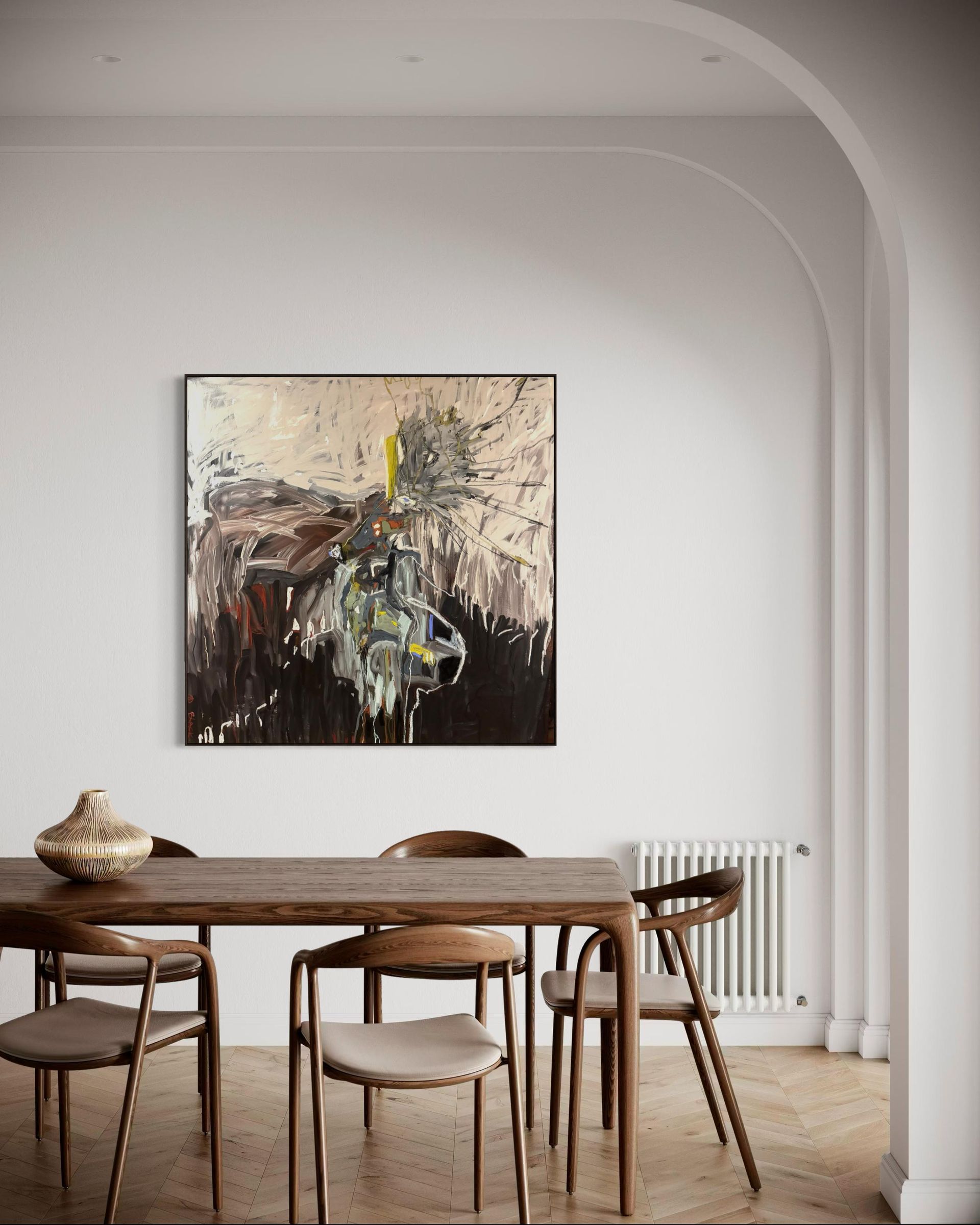 Large square abstract mixed media painting in grey, brown and off-white with expressive vertical brushwork and small gestural figures by Bianca Black