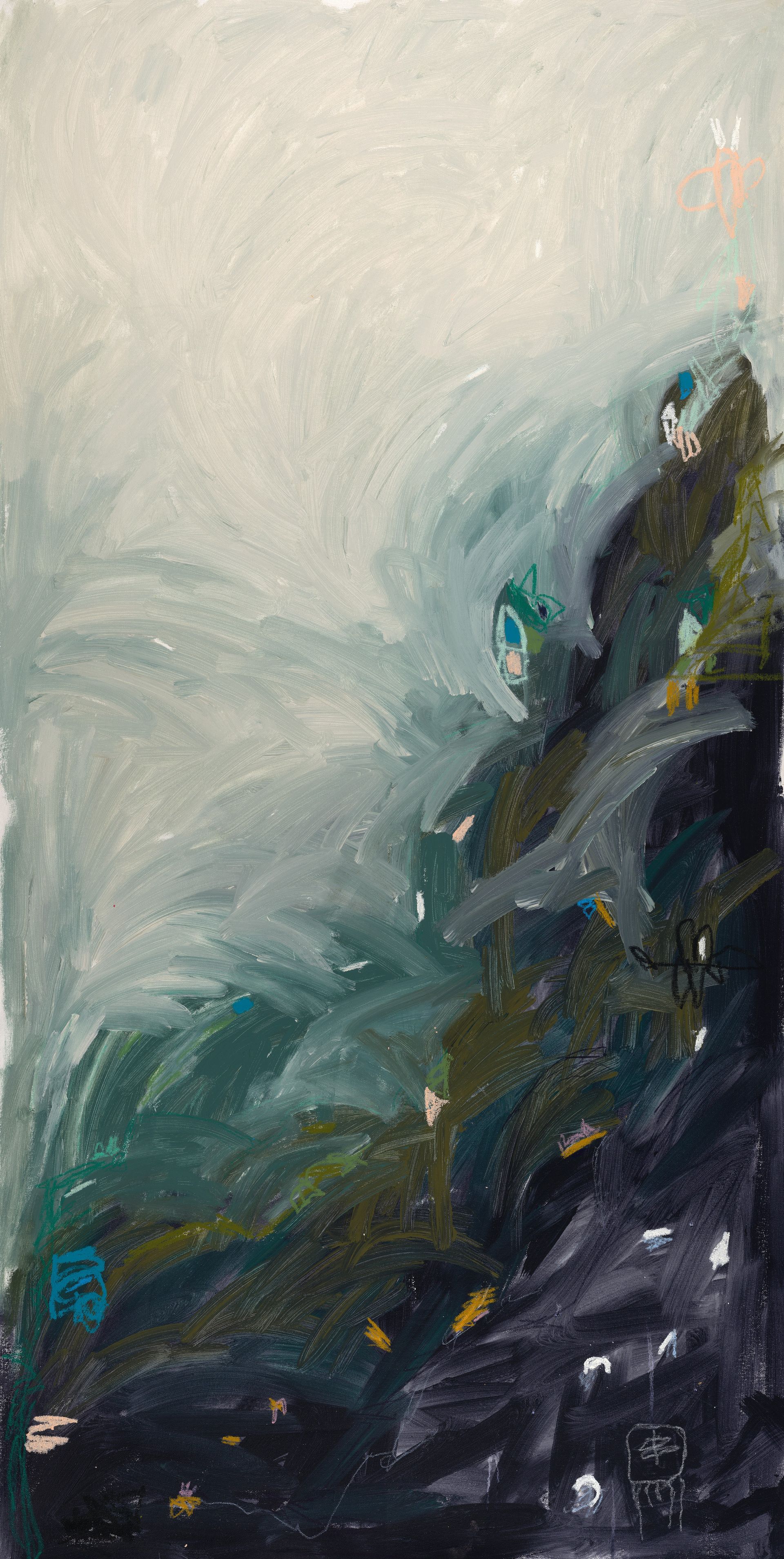 An abstract vertical painting with expressive, swirling brushstrokes in shades of deep blue, dark green, and pale grey.