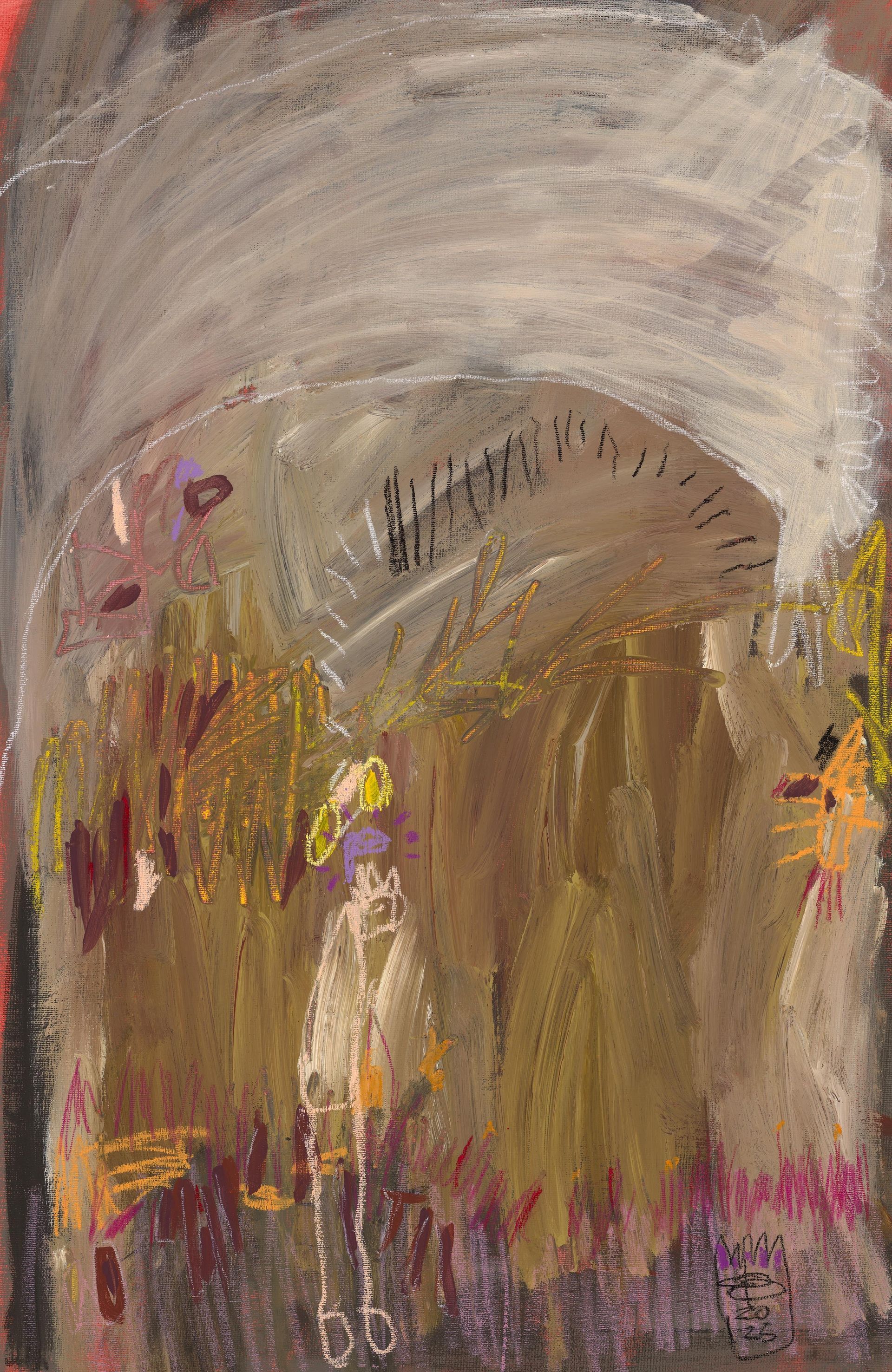 Abstract painting featuring a pale, stick-like figure standing in a textured, muted landscape of earthy, layered tones.