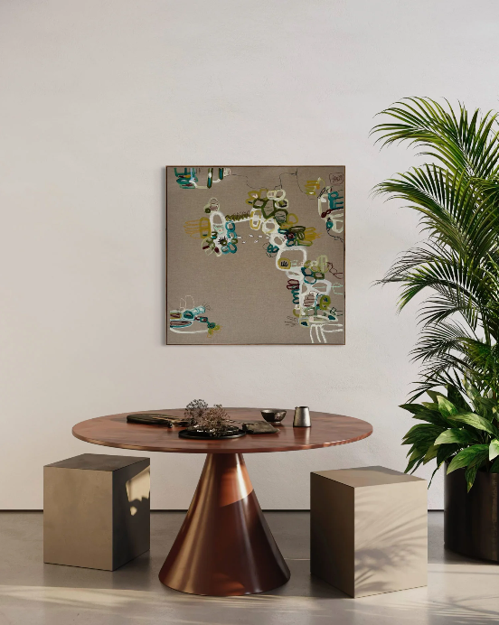 Abstract pastel embroidery-like floral pattern on a beige background with scattered colorful clusters