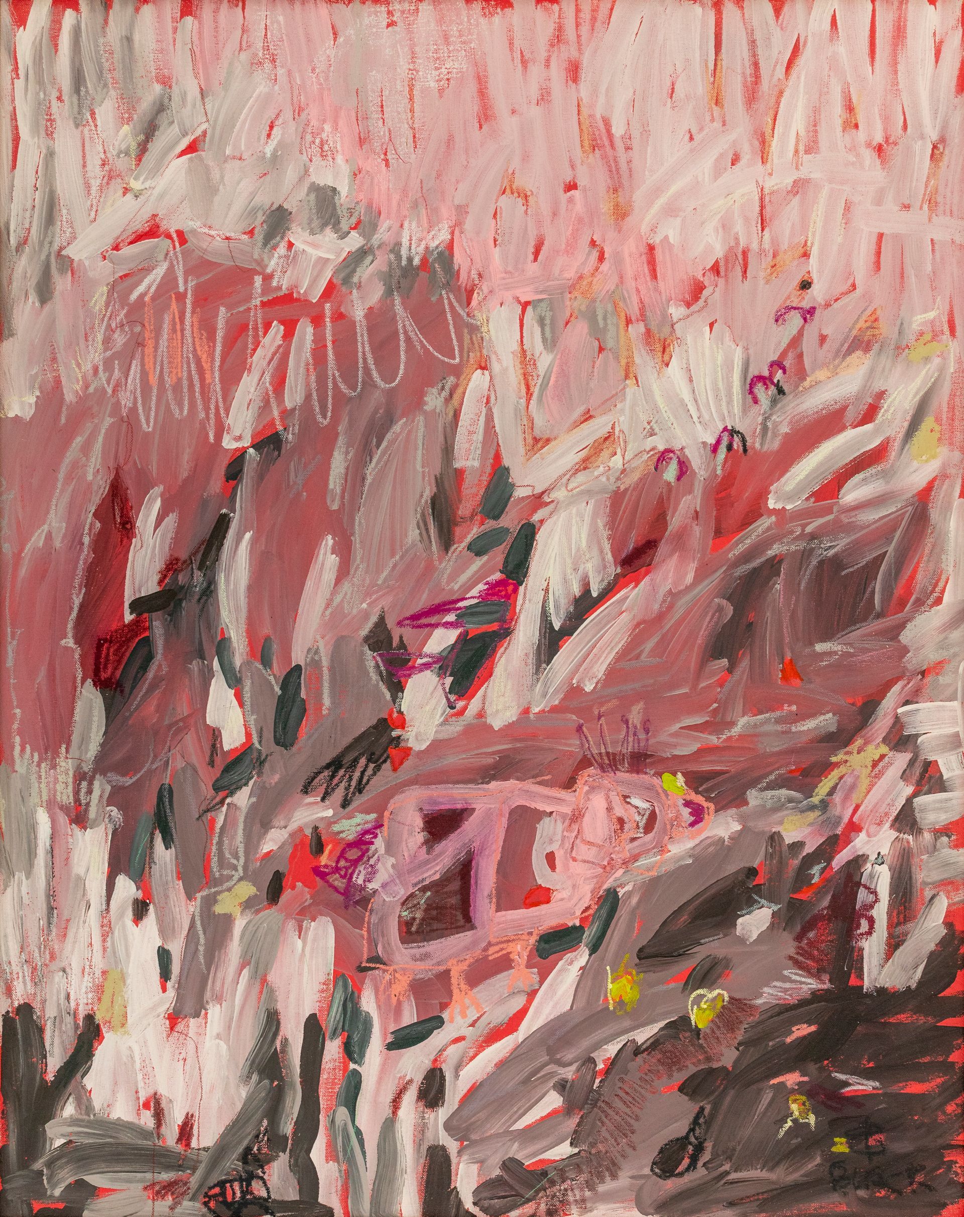 Abstract painting with expressive brushstrokes of pink, red, white, and grey, featuring a centralized rectangular form.