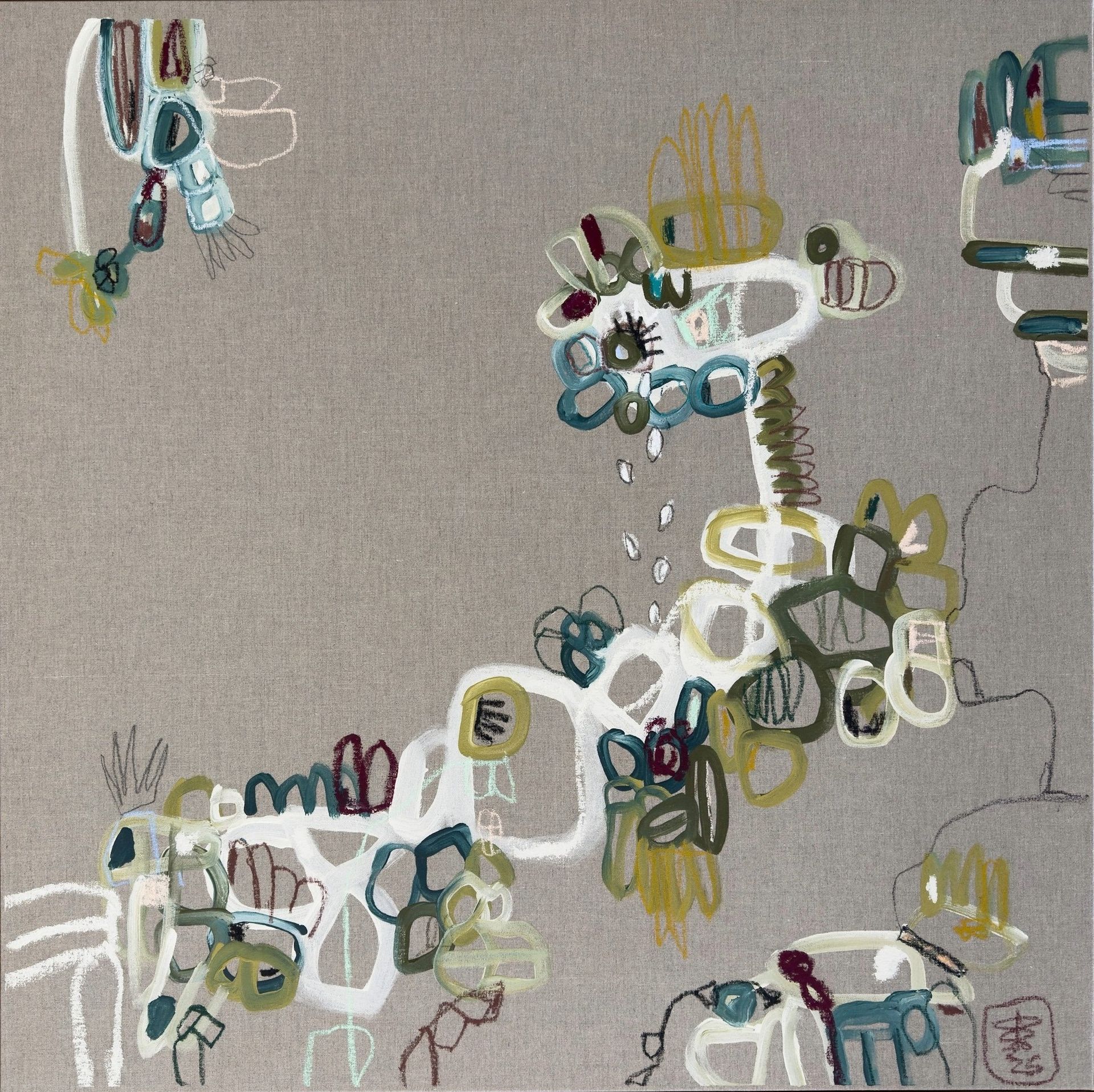 Abstract pastel embroidery-like floral pattern on a beige background with scattered colorful clusters