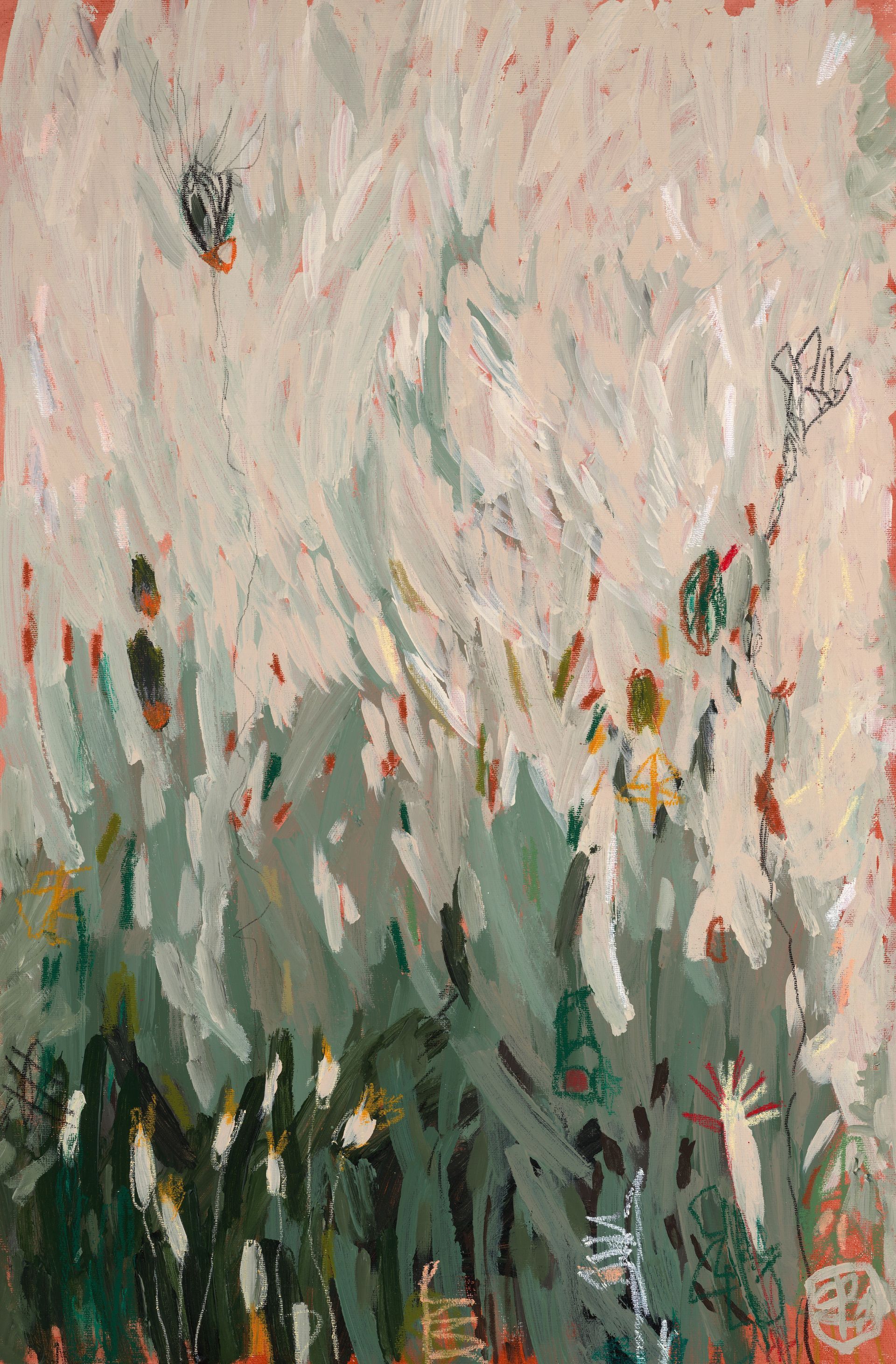 Abstract expressionist painting with energetic brushstrokes in muted green, white, and coral tones, featuring floral motifs.