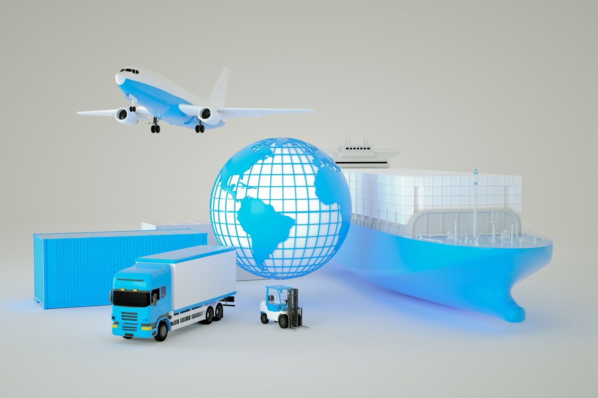 Blue cargo plane, truck, forklift, and globe with containers on a light background.