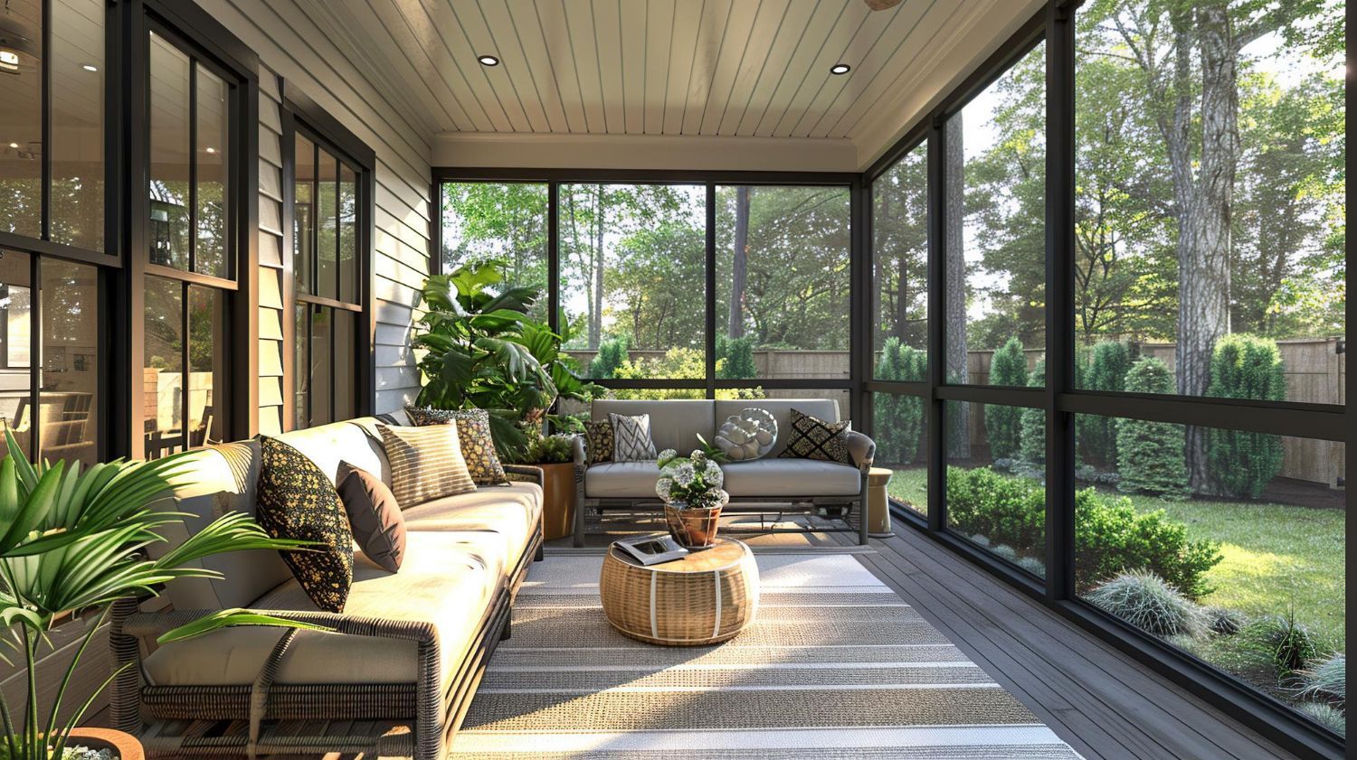 Sunlit screened porch with wicker seating, plants, and a view of lush green trees