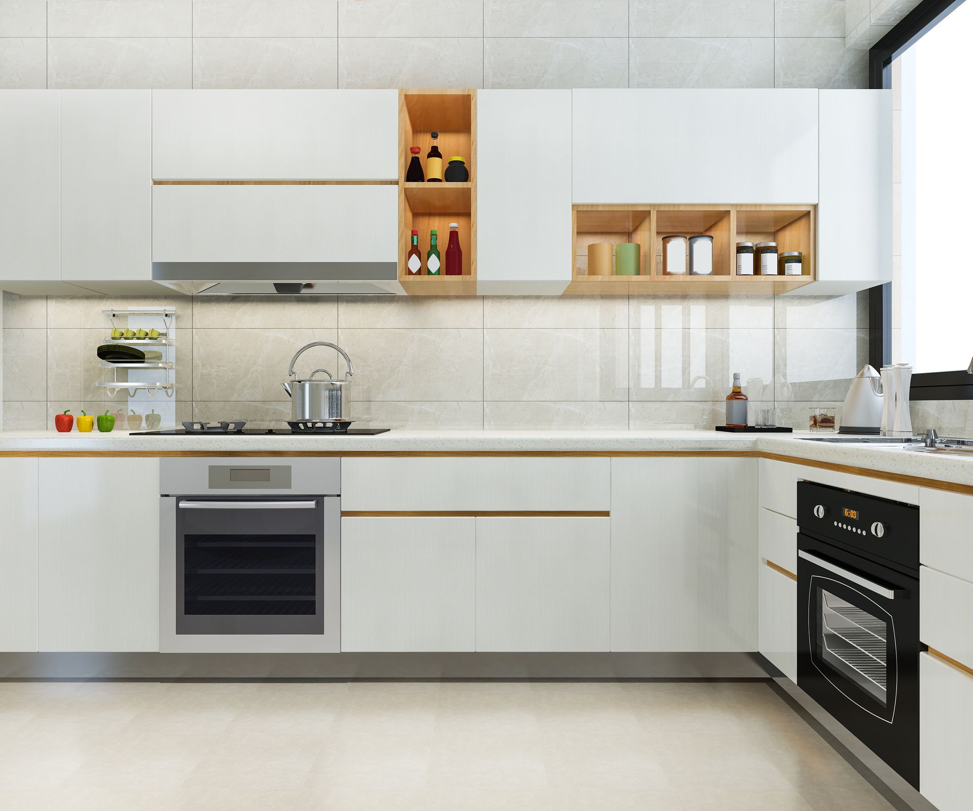 Modern white kitchen with built-in ovens, range hood, and light-colored wood shelving.