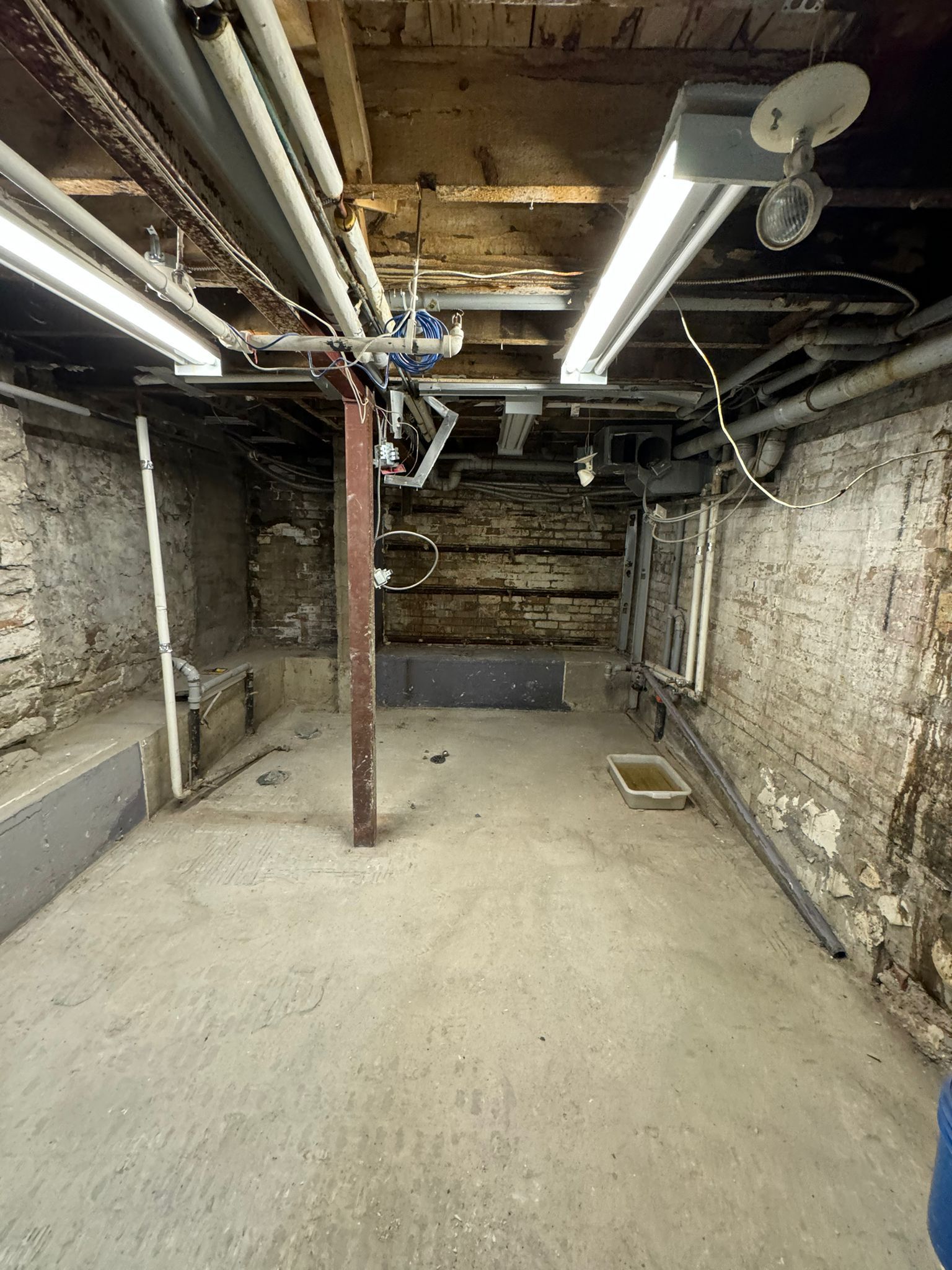 Basement room with concrete floor, exposed pipes, and deteriorating brick walls.