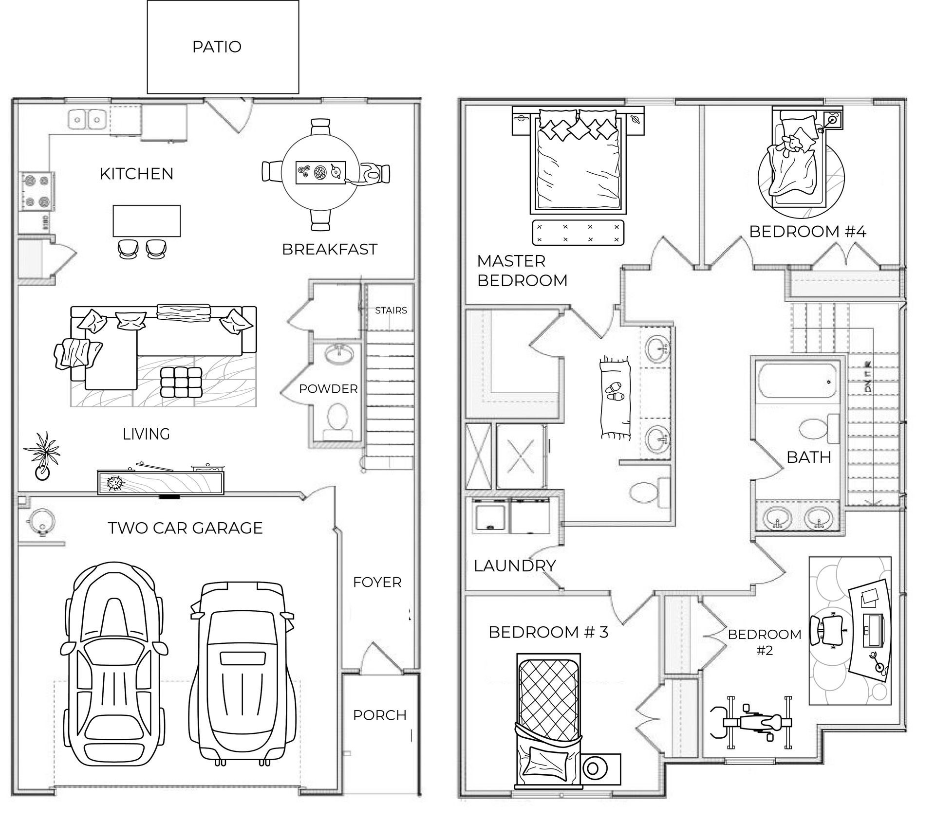 Floor plan of a two-story house with kitchen, living spaces, stairs, bedrooms, bathrooms, and a garage.