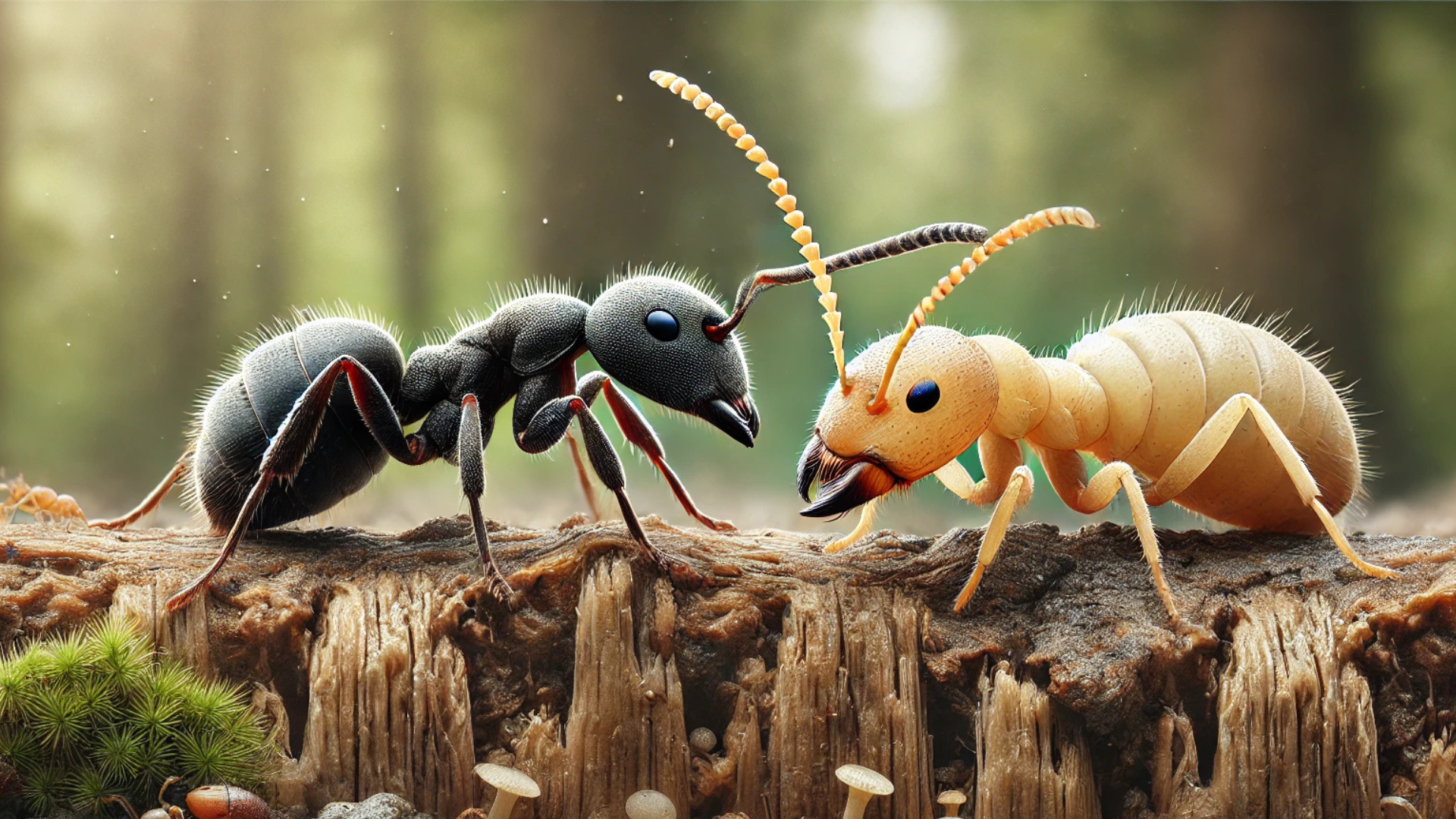 Two ants are standing next to each other on a log.
