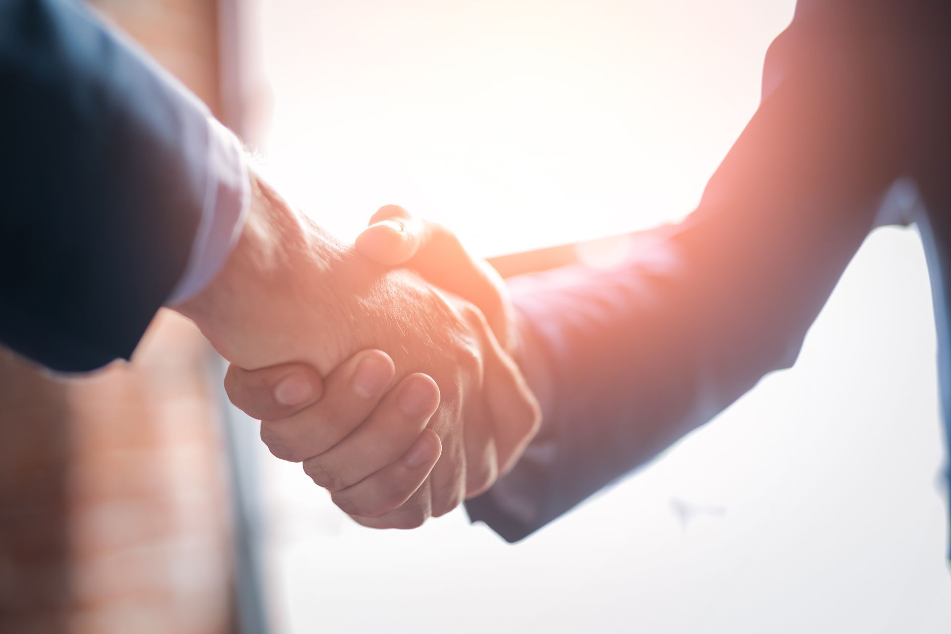 Two businessmen are shaking hands in front of a window.