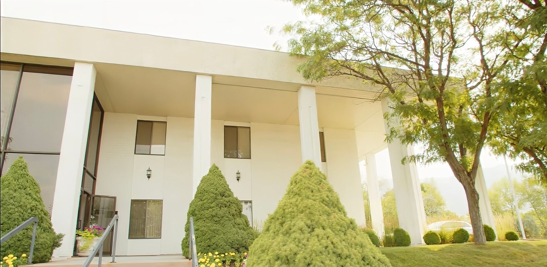 Modern white building with columns and trimmed shrubs in a sunny landscaped yard