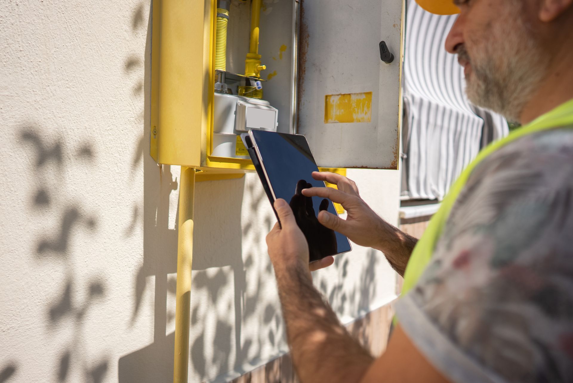 A man is using a tablet to look at a gas meter.