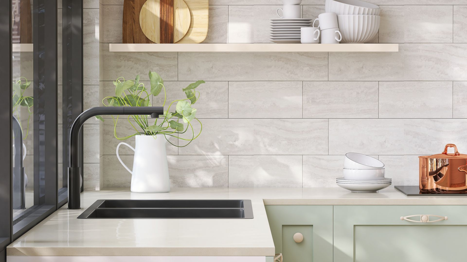 A kitchen with a sink , stove , and shelves.