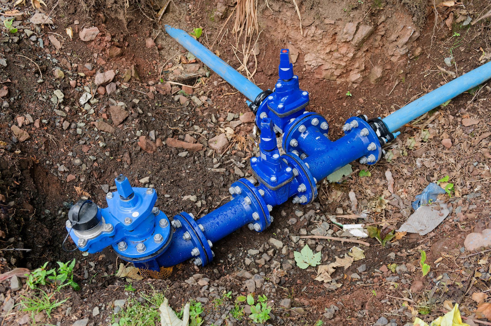 A blue pipe is laying in the dirt on the ground.