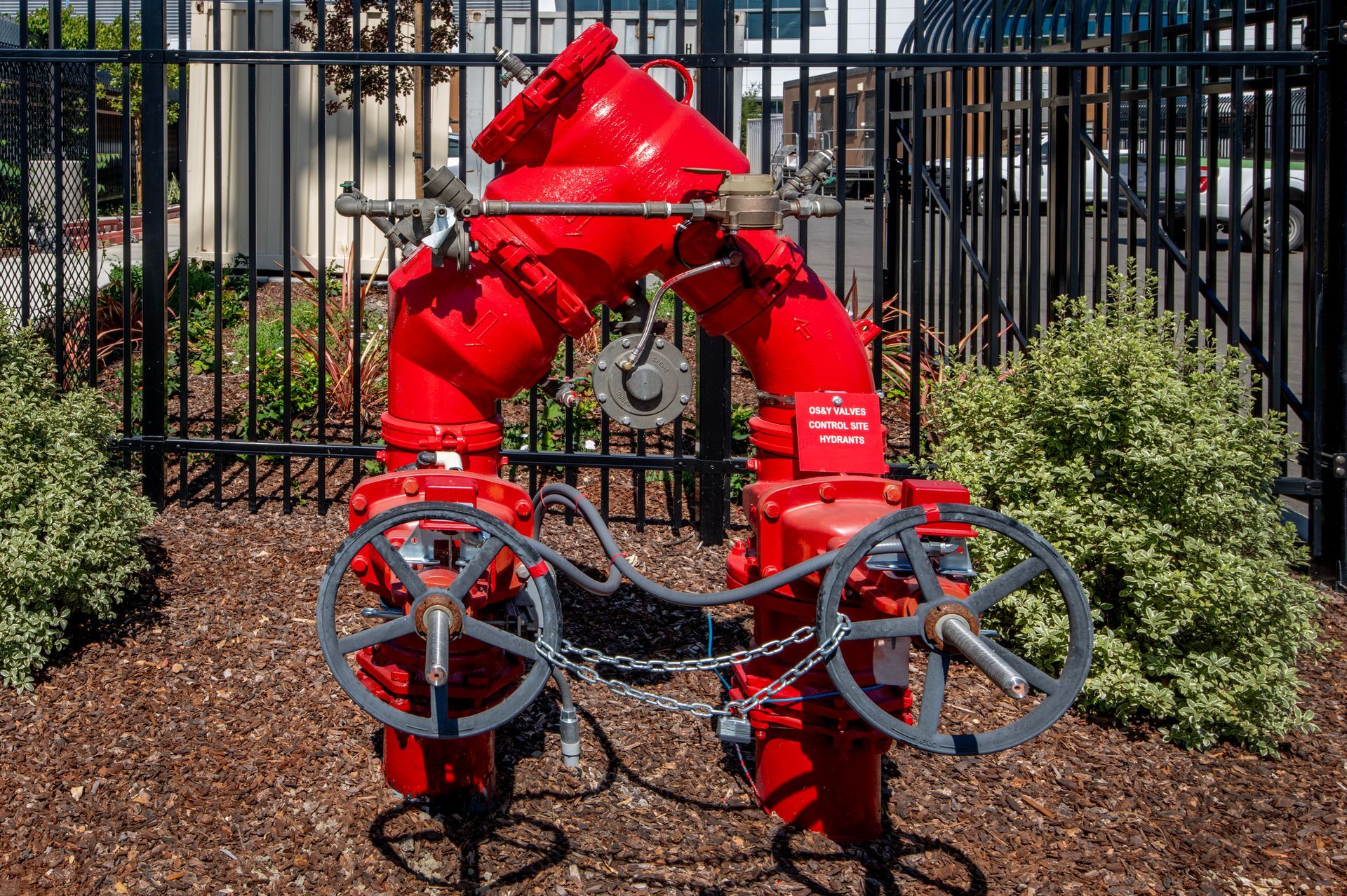 Two red fire hydrants are sitting next to each other in front of a fence.