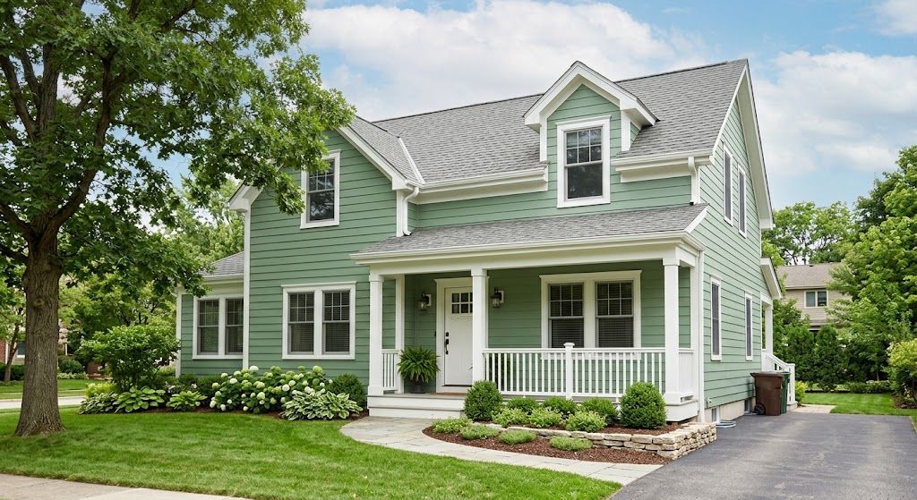 Mint-green cottage with white trim, front porch, and driveway beside a leafy tree and lawn.