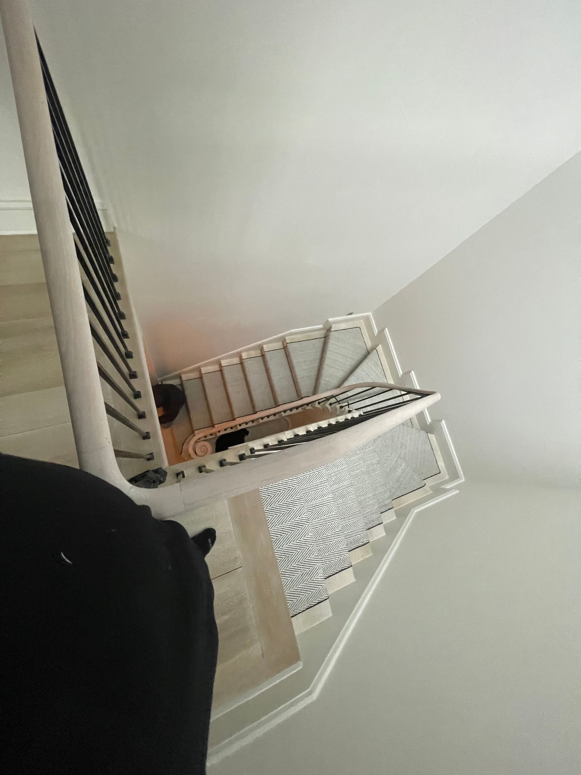 Spiral staircase with black railing viewed from above in a multi-floor home.