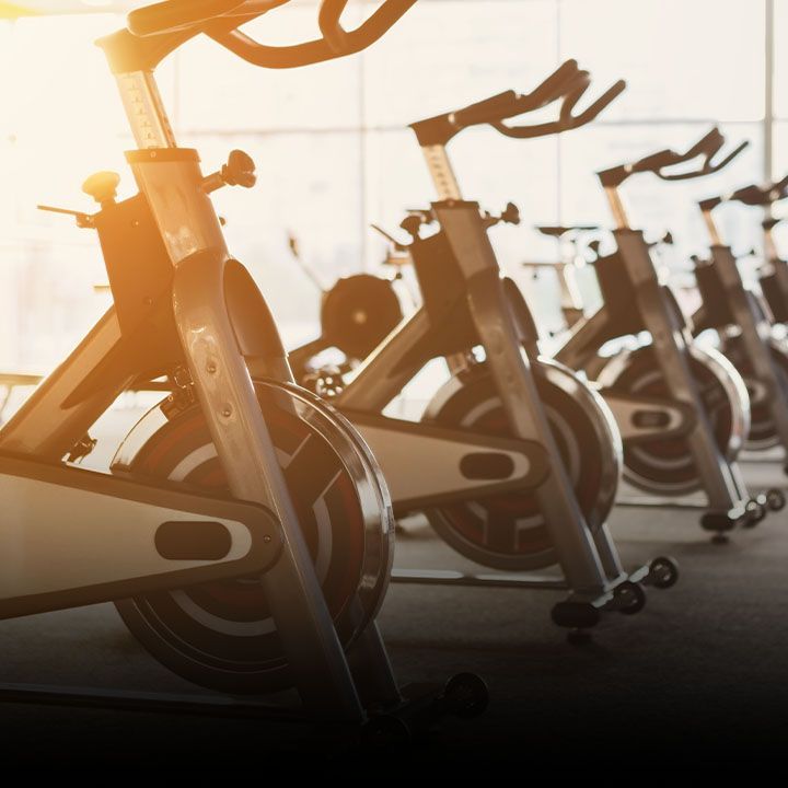 Row of elliptical trainers lined up in a bright gym.