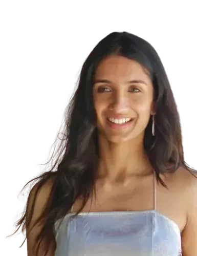 Woman smiling, looking to the side; long dark hair; wearing a light-blue dress.