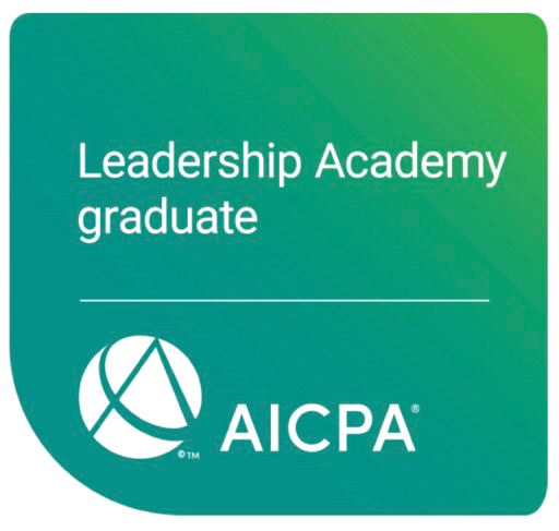 Leadership Academy graduate badge, AICPA logo, teal and green gradient.