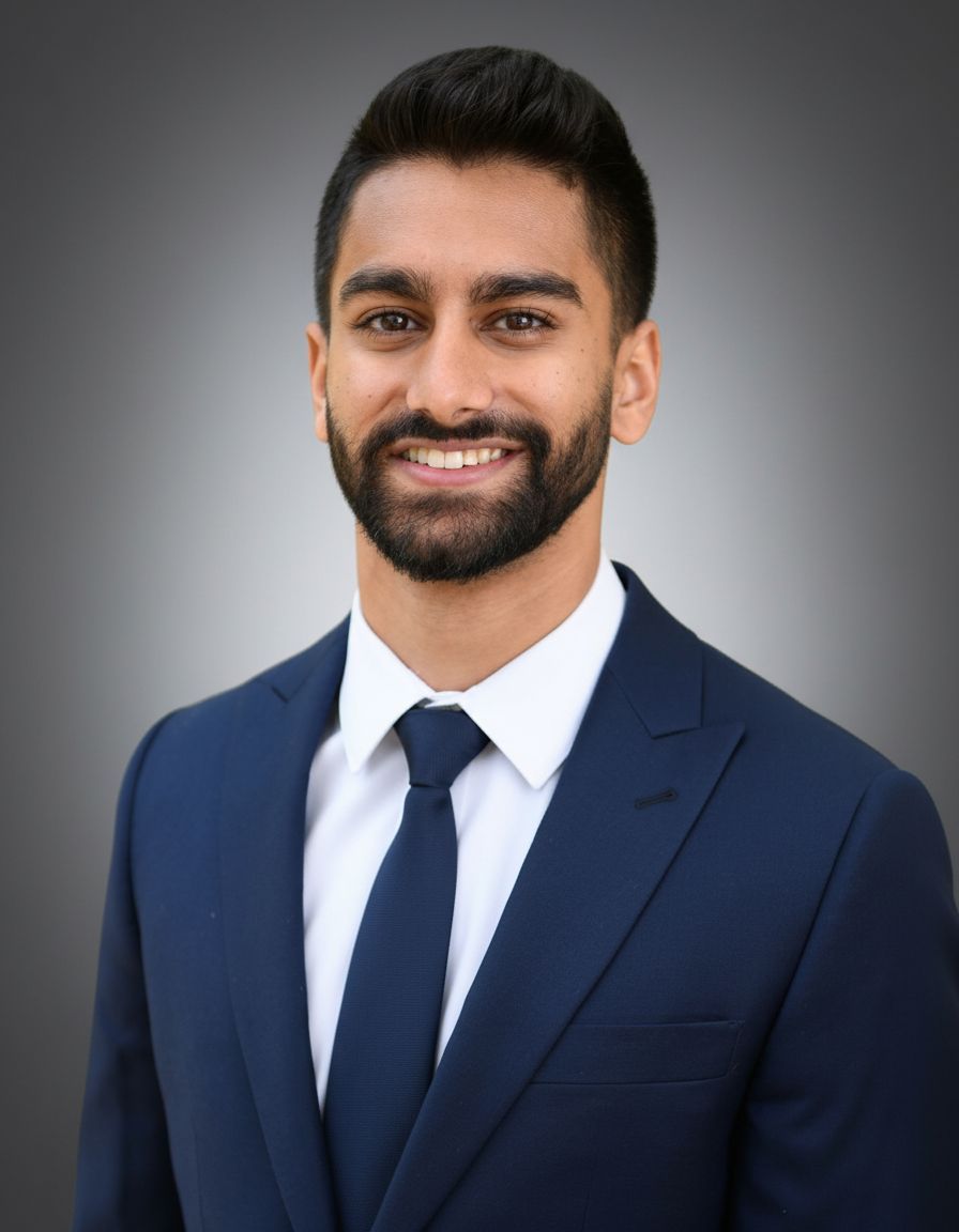 Man in a blue suit, smiling. He has a dark beard and hair, wearing a patterned tie.