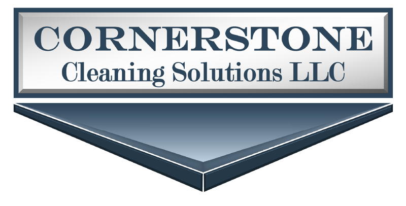 Cornerstone Cleaning Solutions LLC logo in blue-gray text with a dark blue angled base.