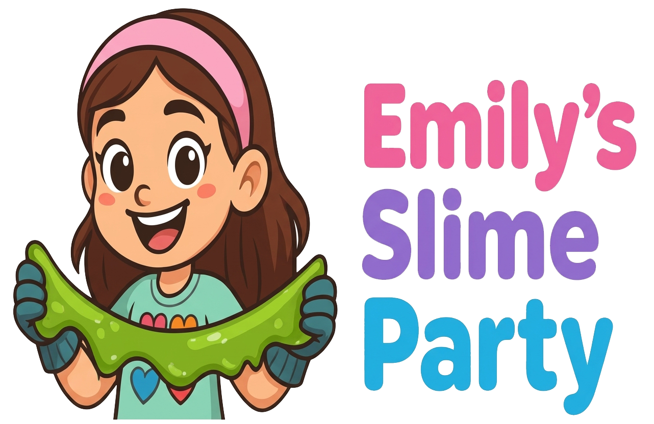 Cartoon girl holding green slime beside the text “Emily’s Slime Party”