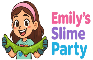 Cartoon girl holding green slime beside the text “Emily’s Slime Party”