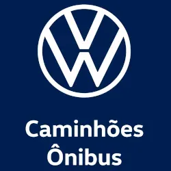 Logotipo - Volkswagen Caminhões e Ônibus Volkswagen logo over the text "Caminhões Ônibus" in white on a blue background.