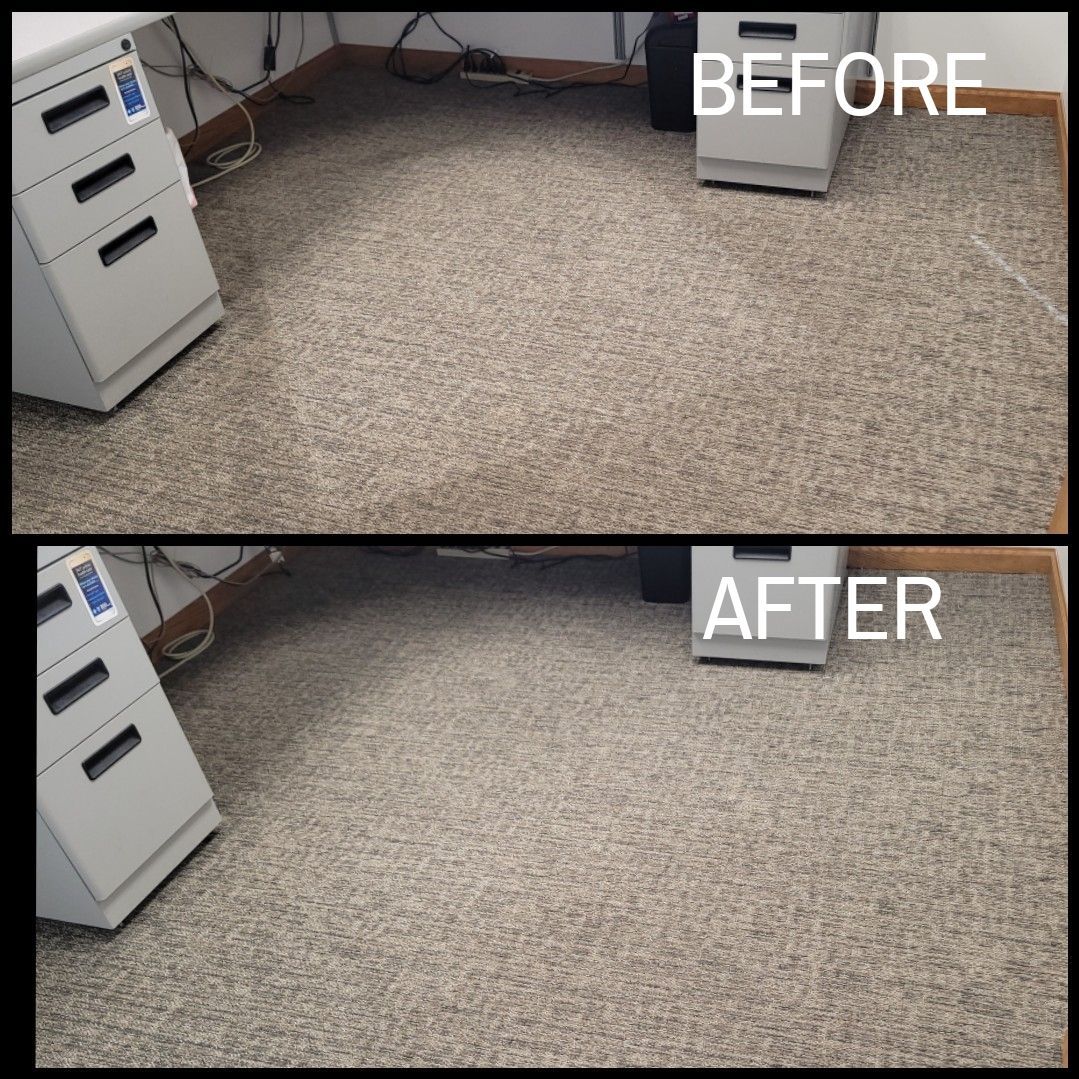 Before and after view of a carpeted office floor showing cleaning results.