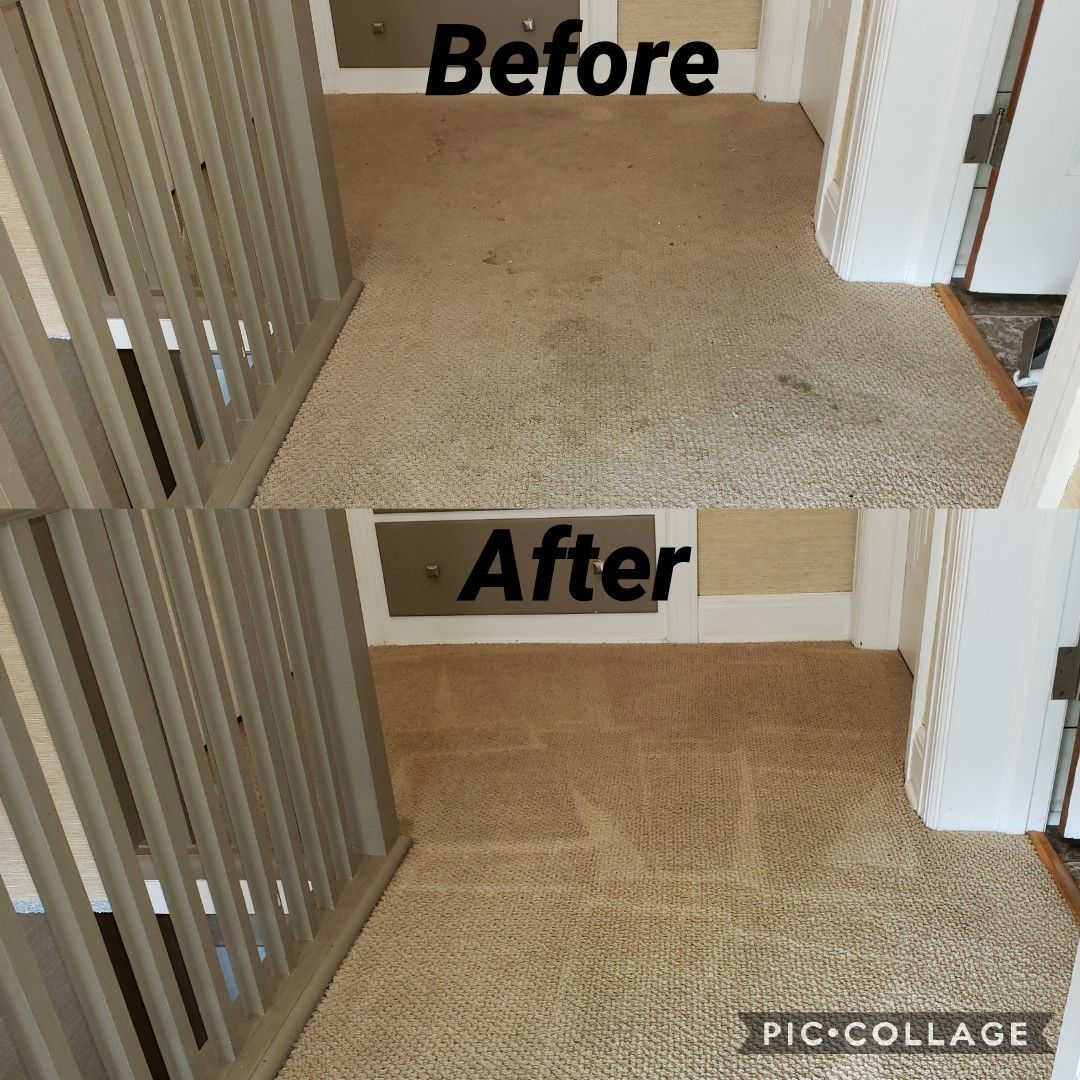 Comparison of a carpeted hallway before and after cleaning; dirt is gone, carpet looks refreshed.