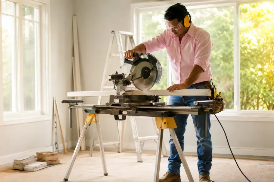 Handyman safely cuts trim with a miter saw in a bright Auburn-area home.