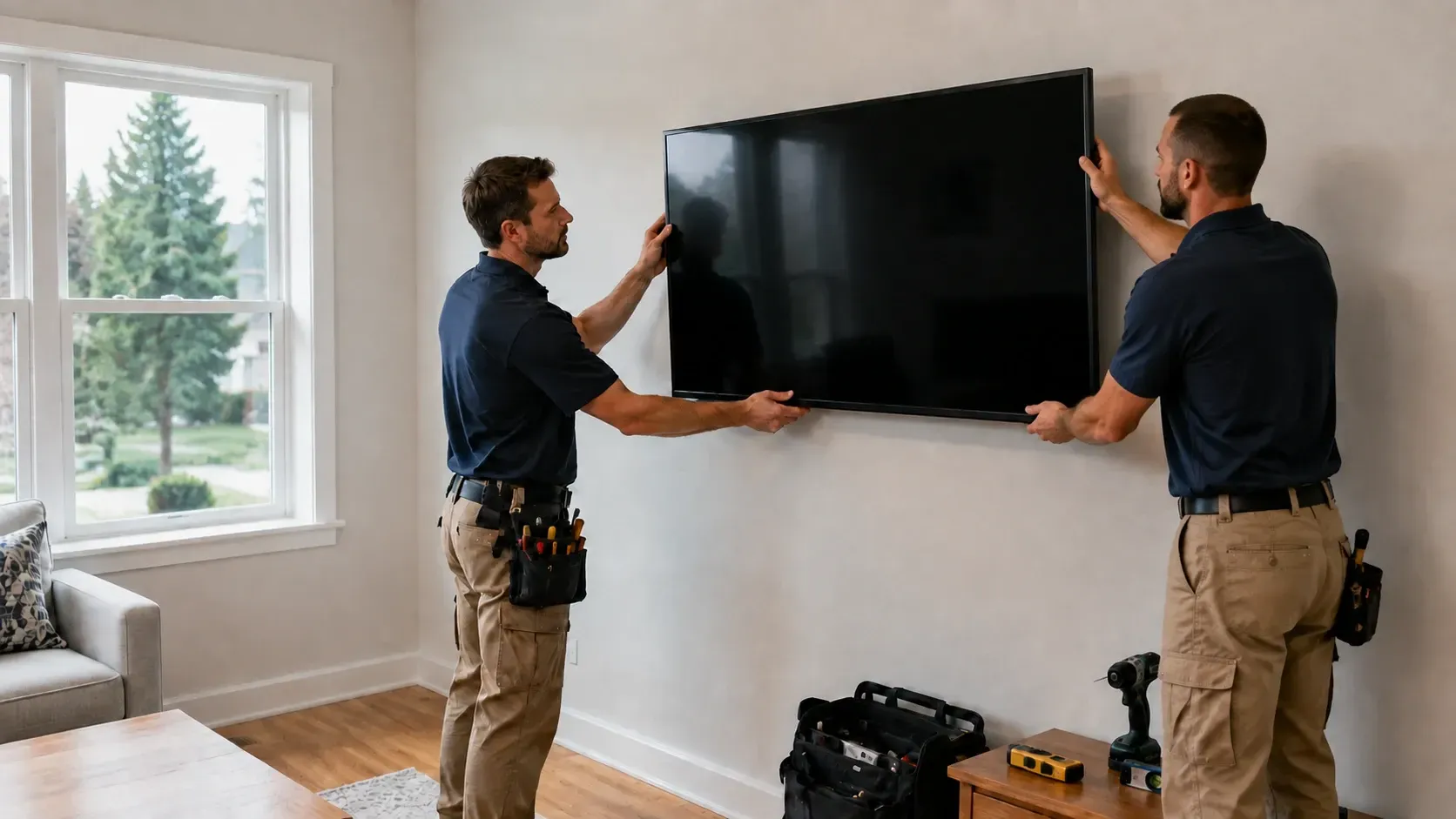 Two handymen install a wall-mounted flat-screen TV in a bright living room.