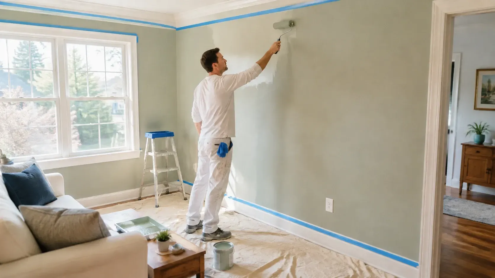 Professional painter rolls fresh paint onto a living room wall in an Auburn-area home.