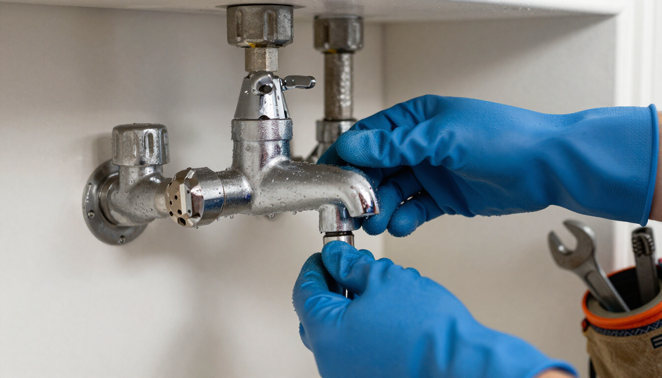 Gloved hands tightening a metal pipe under a sink with a wrench