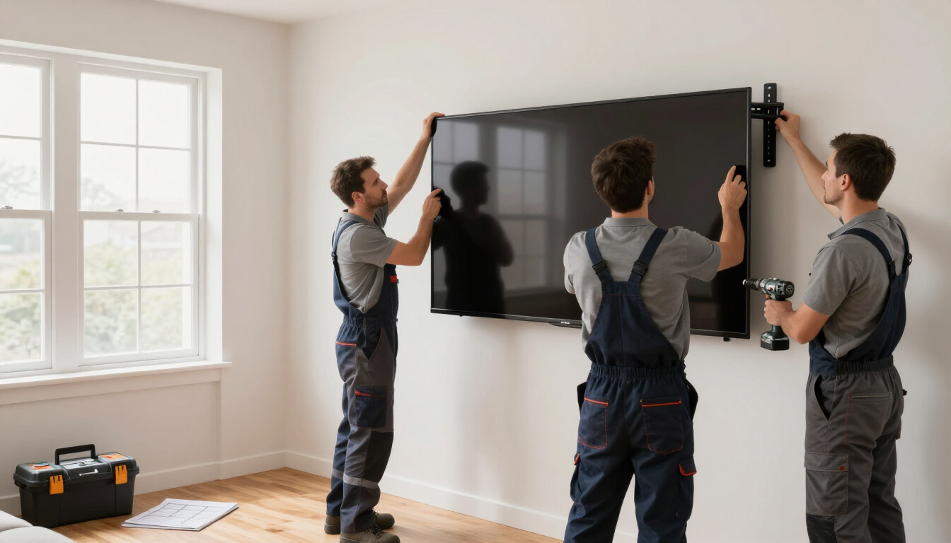 Three workers install a large flat-screen TV on a white wall in a bright room.